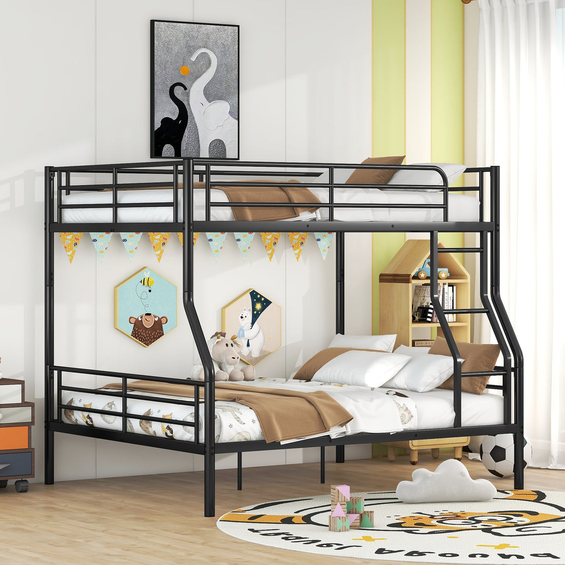 Full Xl Over Queen Metal Bunk Bed, Black Black Iron