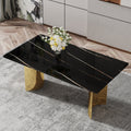 Modern Minimalist Dining Table. The Black Patterned Glass Desktop Is Equipped With Golden Metal Legs. Suitable For Restaurants And Living Rooms 71