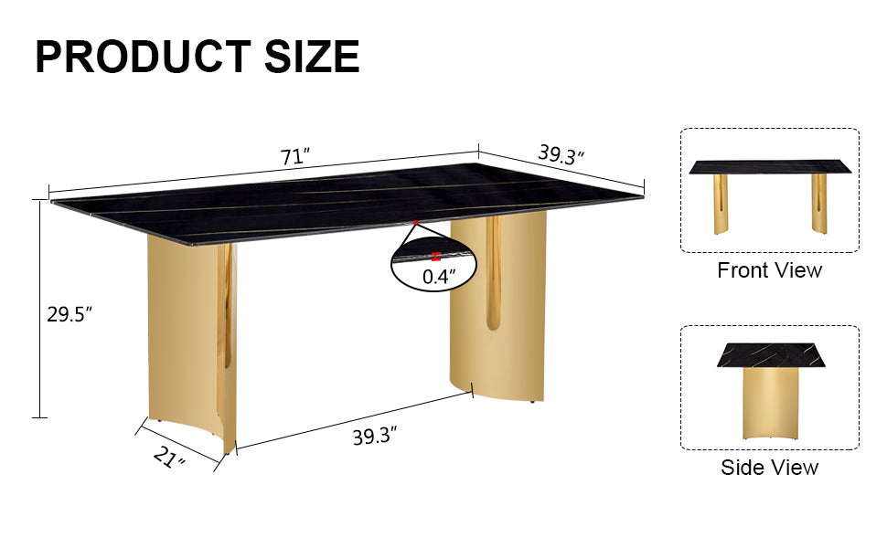 Modern Minimalist Dining Table. The Black Patterned Glass Desktop Is Equipped With Golden Metal Legs. Suitable For Restaurants And Living Rooms 71" *39.3" *29.5" Dt 69 Black Glass