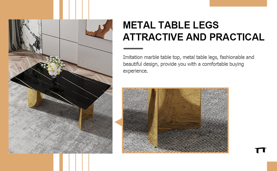 Modern Minimalist Dining Table. The Black Patterned Glass Desktop Is Equipped With Golden Metal Legs. Suitable For Restaurants And Living Rooms 71" *39.3" *29.5" Dt 69 Black Glass