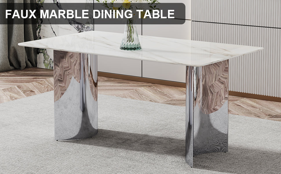 Modern Minimalist Dining Table. White Imitation Marble Glass Sticker Desktop, Stainless Steel Legs, Stable And Beautiful. Suitable For Living Room And Dining Room 63" *35.4" *29.5"Dt 69 White Glass