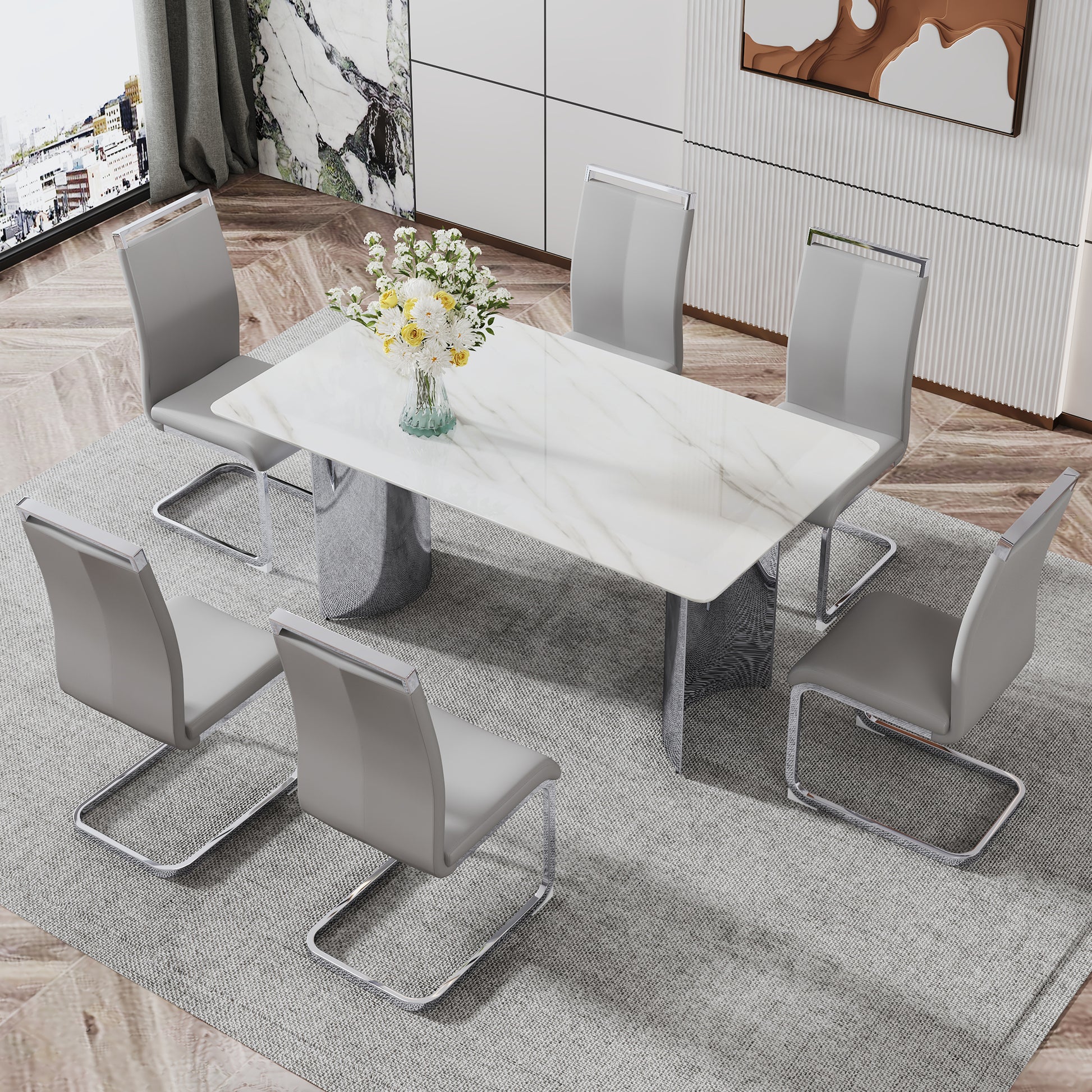 Modern Minimalist Dining Table. White Imitation Marble Glass Sticker Desktop, Stainless Steel Legs, Stable And Beautiful. Suitable For Living Room And Dining Room 63" *35.4" *29.5"Dt 69 White Glass