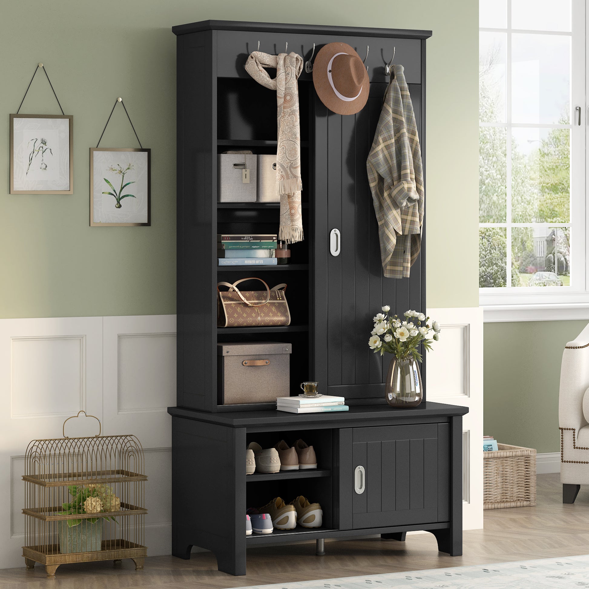 Multifunctional Hall Tree With Sliding Doors, Wooden Hallway Shoe Cabinet With Storage Bench And Shelves, Mudroom Coat Storage With Hanging Hooks For Entryways, Black Black Mdf