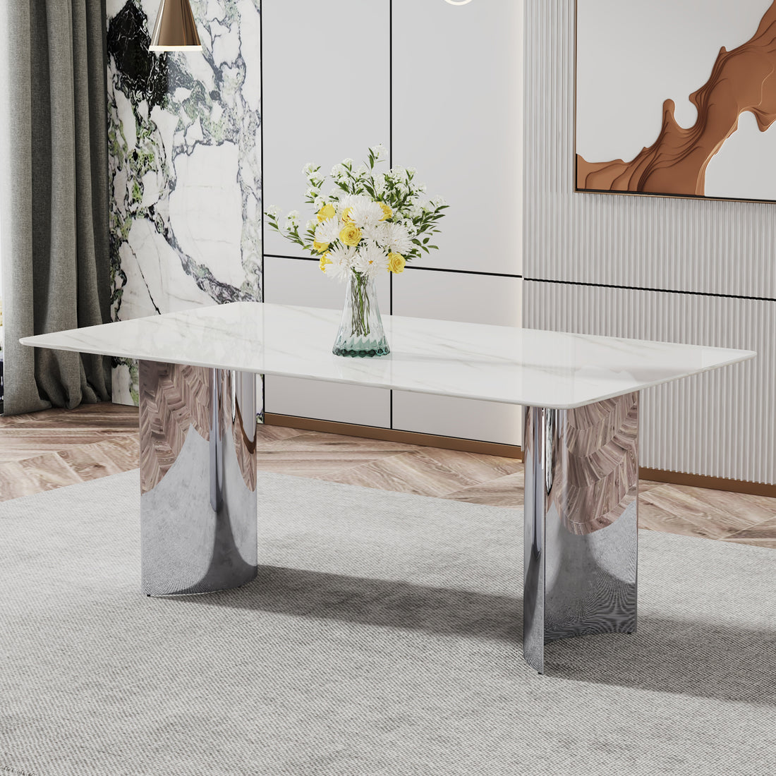 Modern Minimalist Dining Table. The White Imitation Marble Glass Desktop Is Equipped With Silver Metal Legs. Suitable For Restaurants And Living Rooms 71" *39.3" *29.5" Dt 69 White Glass