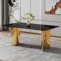 Modern Minimalist Dining Table. The Black Patterned Glass Desktop Is Equipped With Golden Metal Legs. Suitable For Restaurants And Living Rooms 71