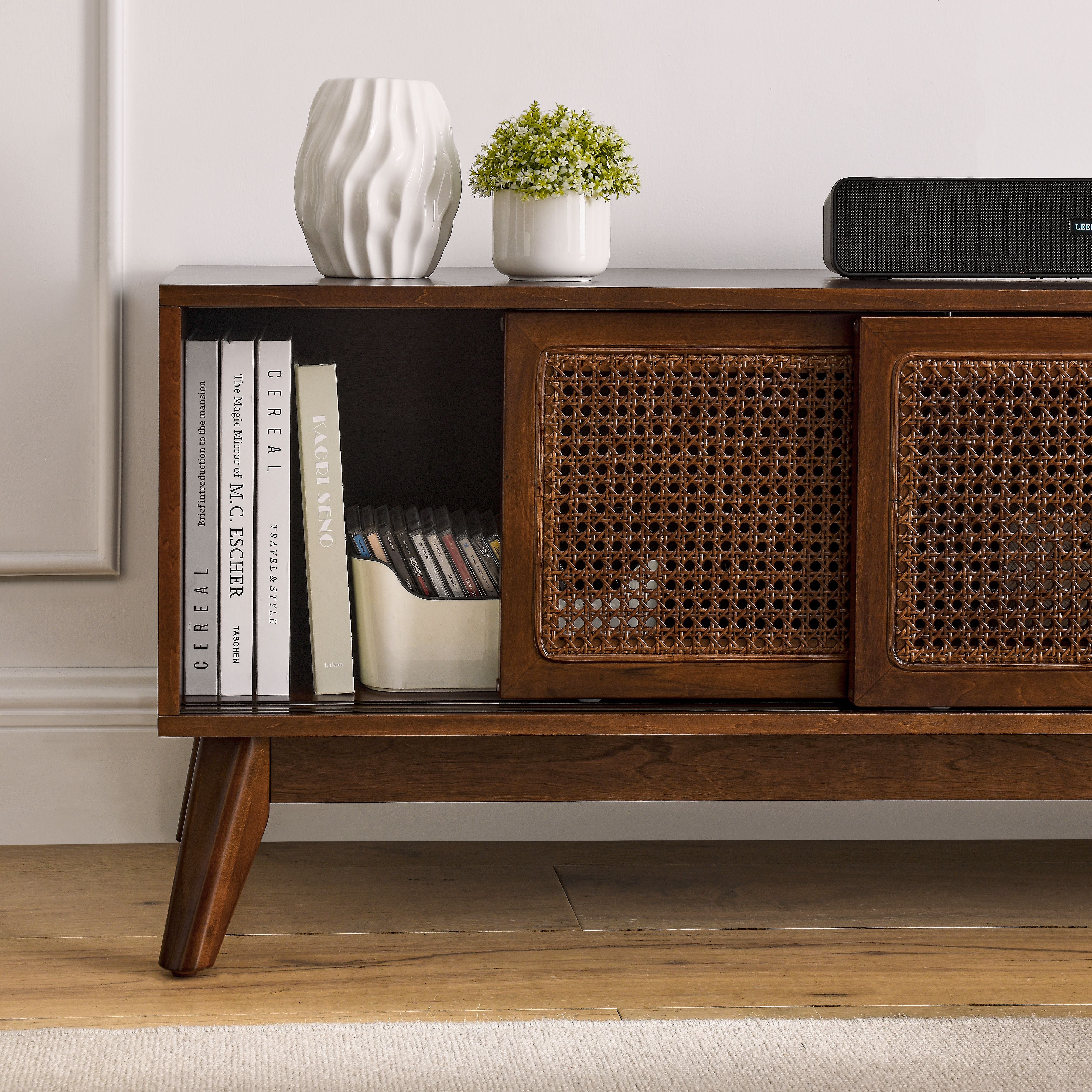 59 Inch Mid Century Modern Rattan Tv Stand For 65 Inch Tv, Entertainme