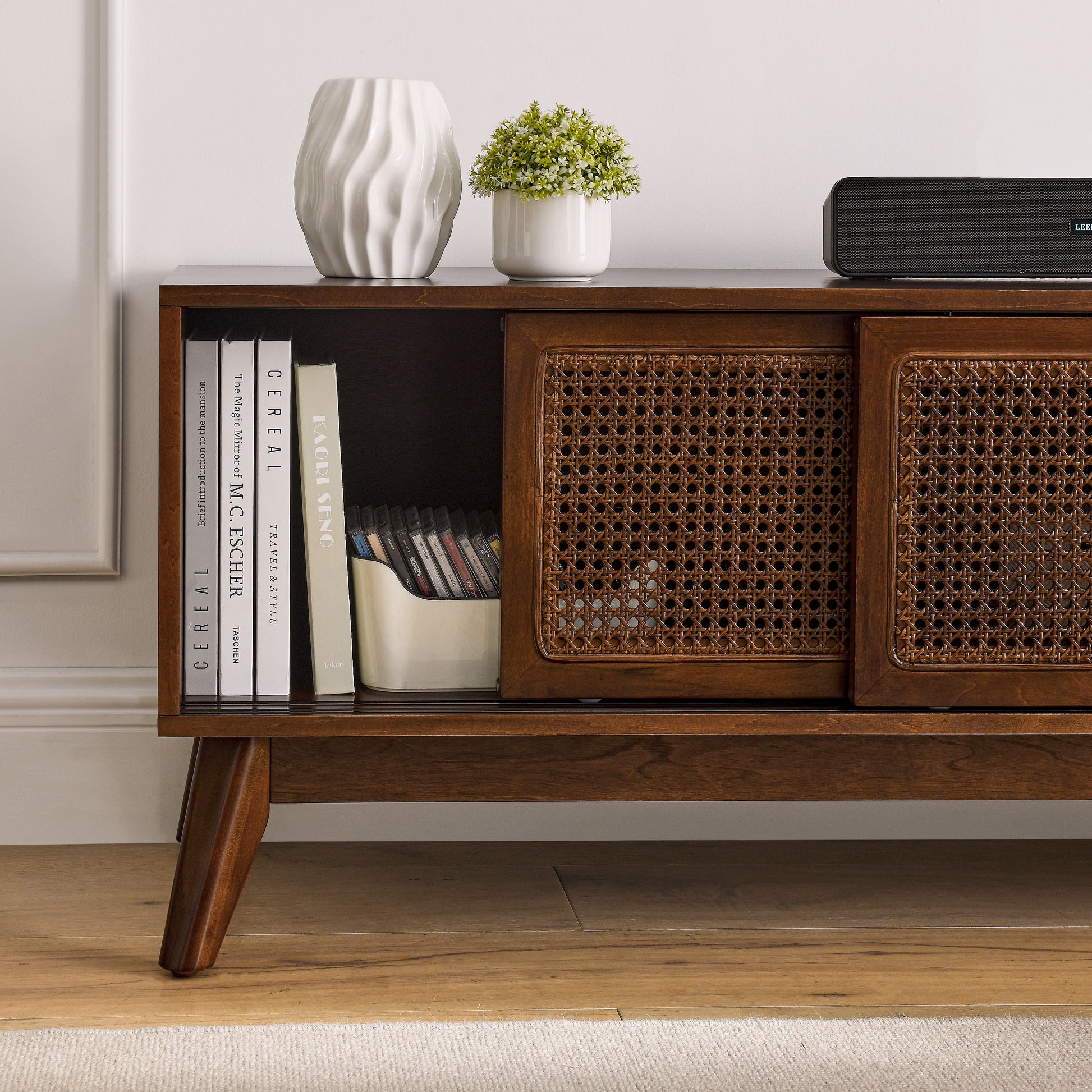 59 Inch Mid Century Modern Rattan Tv Stand For 65 Inch Tv, Entertainment Cabinet, Media Console For Living Room Bedroom Media Room, Solid Wood Feet & Rattan Cabinet Doors Dark Wood Walnut Brown