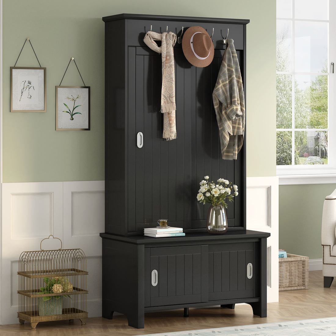 Multifunctional Hall Tree With Sliding Doors, Wooden Hallway Shoe Cabinet With Storage Bench And Shelves, Mudroom Coat Storage With Hanging Hooks For Entryways, Black Black Mdf