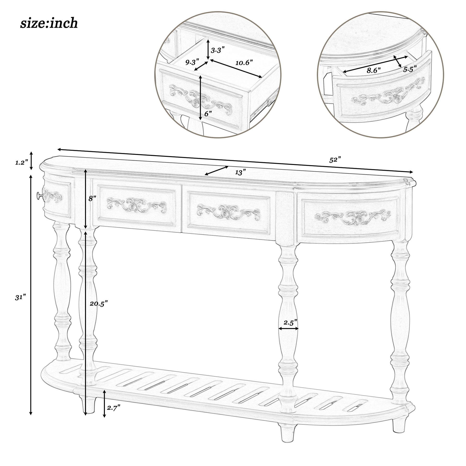 52''Modern And Contemporary Curved Console Table Sofa Table Entryway Table For Hallway Living Room With 4 Drawers And 1 Shelf Antique Gray Mdf