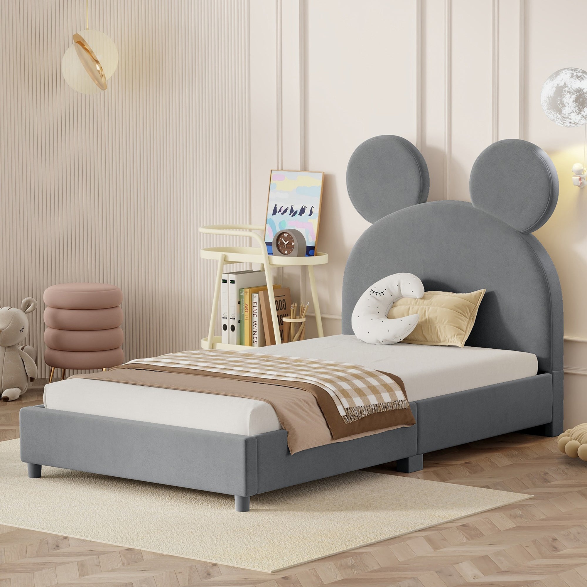 Twin Size Upholstered Platform Bed with Bear Ear gray-velvet