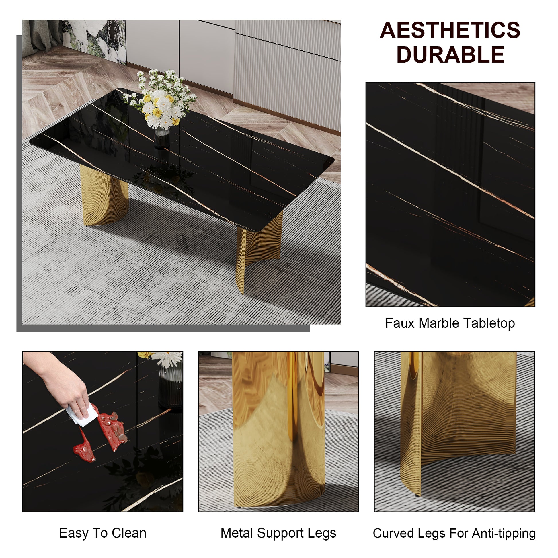 Modern Minimalist Dining Table. The Black Patterned Glass Desktop Is Equipped With Golden Metal Legs. Suitable For Restaurants And Living Rooms 71" *39.3" *29.5" Dt 69 Black Glass