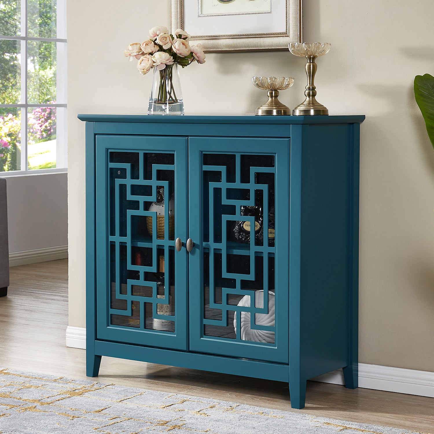 Storage Cabinet, Buffet Sideboard, Teal Blue Teal Blue Primary Living Space Adjustable Shelves Mdf Glass