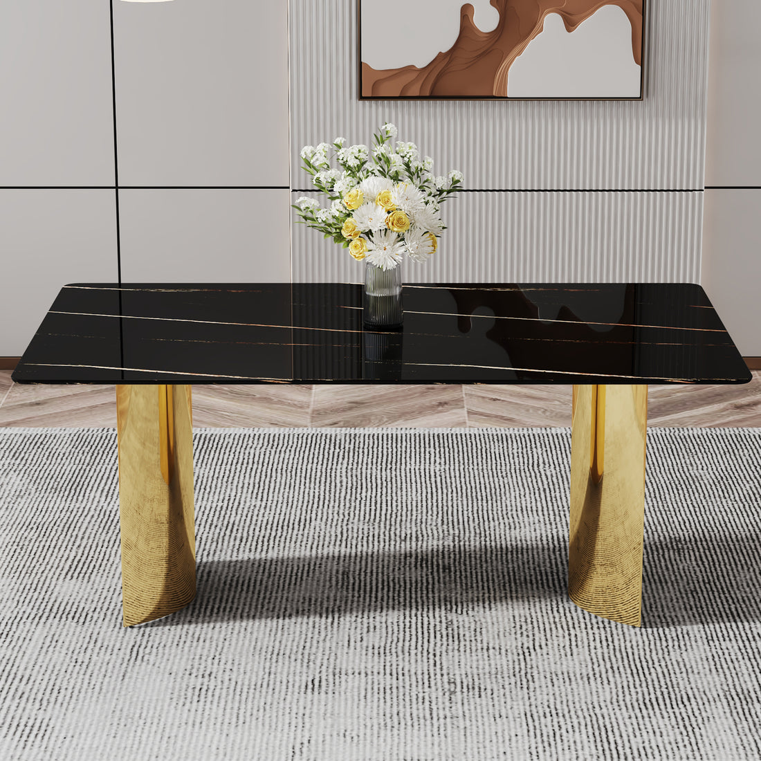 Modern Minimalist Dining Table. The Black Patterned Glass Desktop Is Equipped With Golden Metal Legs. Suitable For Restaurants And Living Rooms 71" *39.3" *29.5" Dt 69 Black Glass