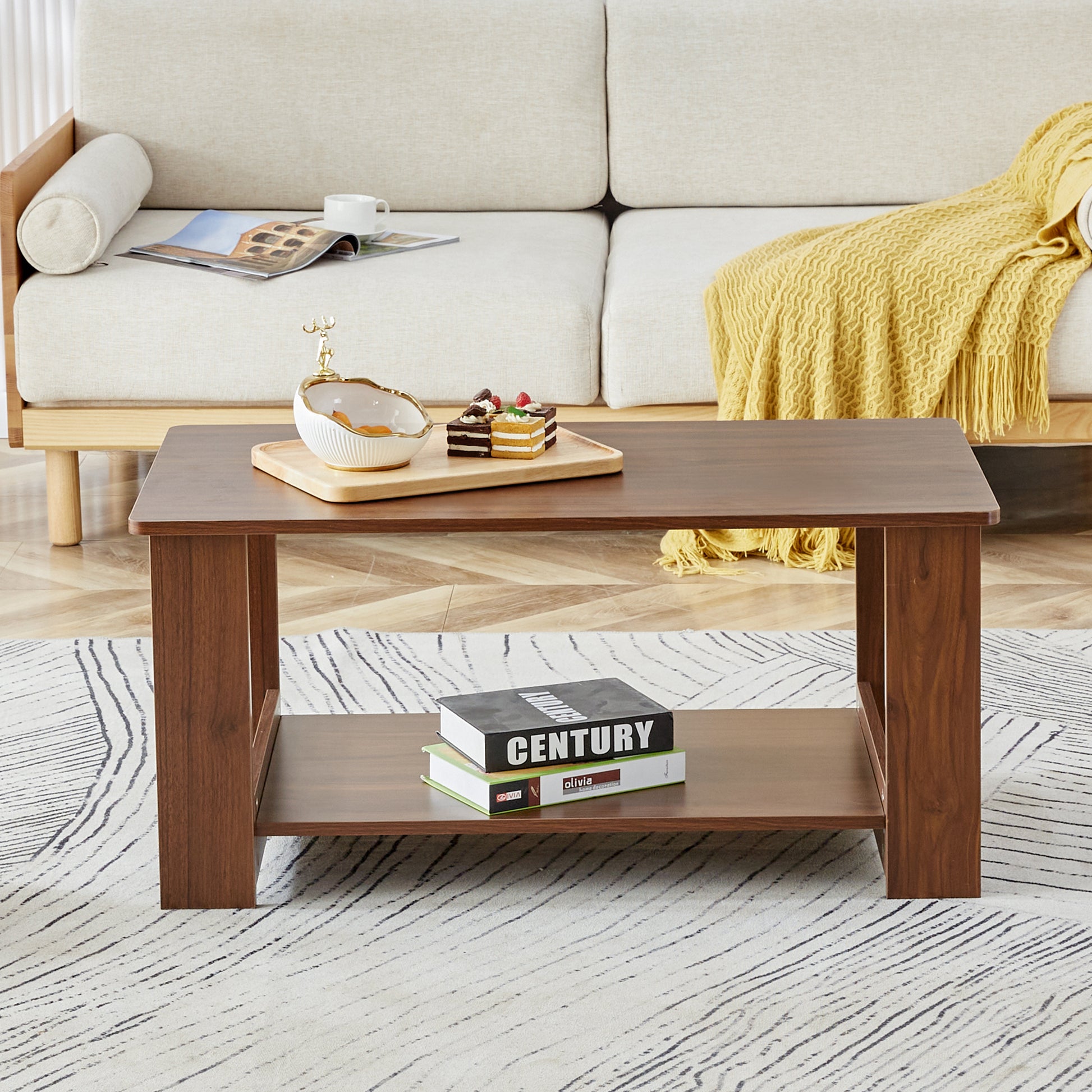 Modern Minimalist Walnut Colored Double Layered Rectangular Coffee Table ,Tea Table.Mdf Material Is More Durable,Suitable For Living Room, Bedroom, And Study Room.19.6"*35.4"*16.5" Ct 16 Walnut Mdf