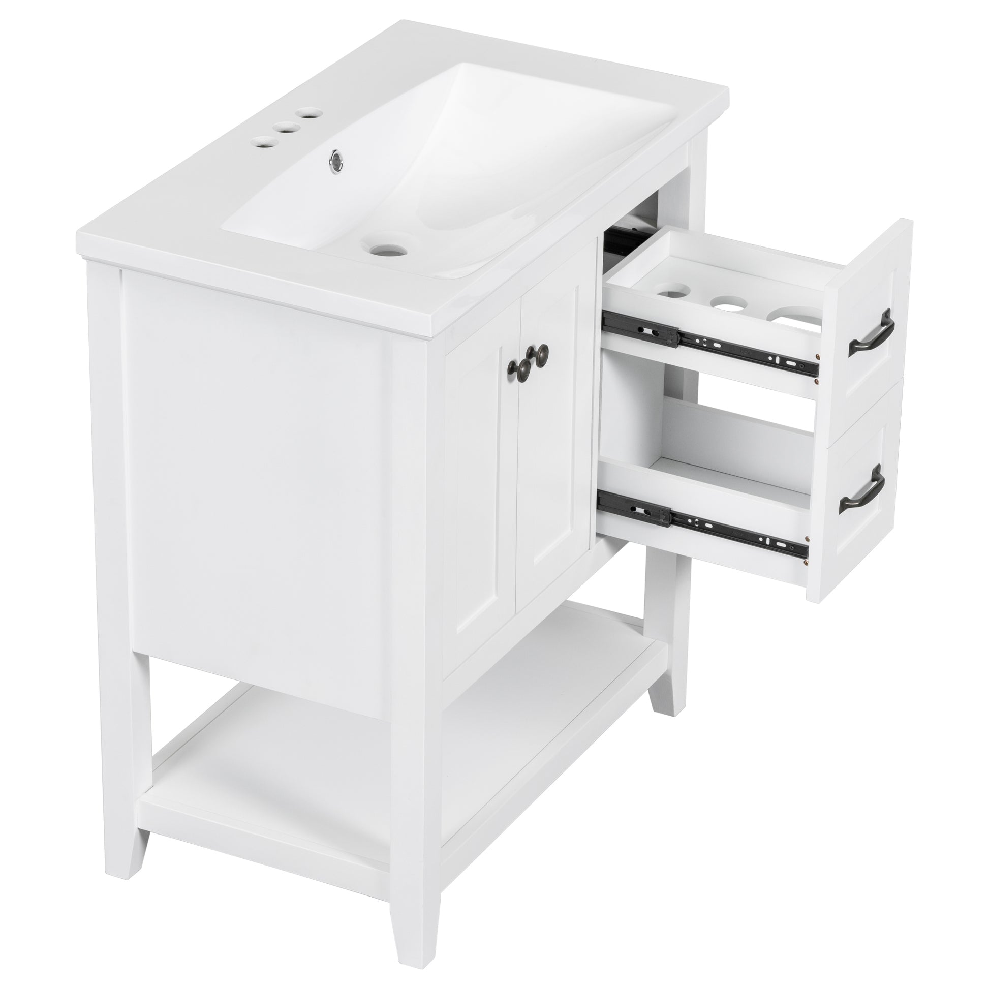 30" Bathroom Vanity With Ceramic Sink Top, Vanity Cabinet With Multi Functional Drawer, Solid Wood Legs, White White Solid Wood Mdf