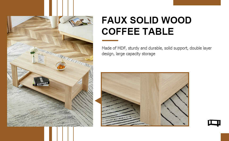 A Modern And Practical Log Colored Textured Coffee Table,Tea Table. The Double Layer Coffee Table Is Made Of Mdf Material. Suitable For Living Room 43.3"*21.6"*16.5" Natural Wood Mdf