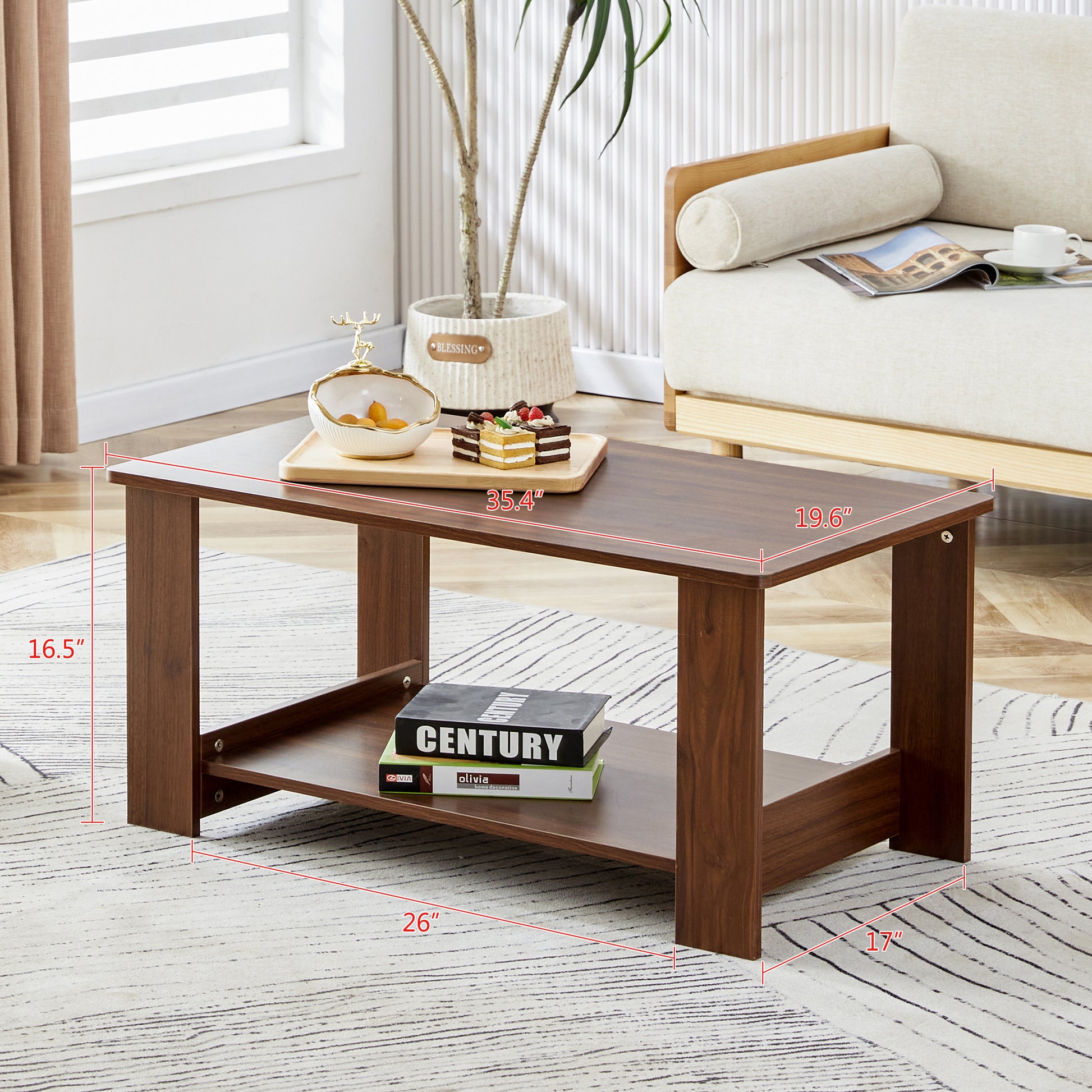 Modern Minimalist Walnut Colored Double Layered Rectangular Coffee Table ,Tea Table.Mdf Material Is More Durable,Suitable For Living Room, Bedroom, And Study Room.19.6"*35.4"*16.5" Ct 16 Walnut Mdf