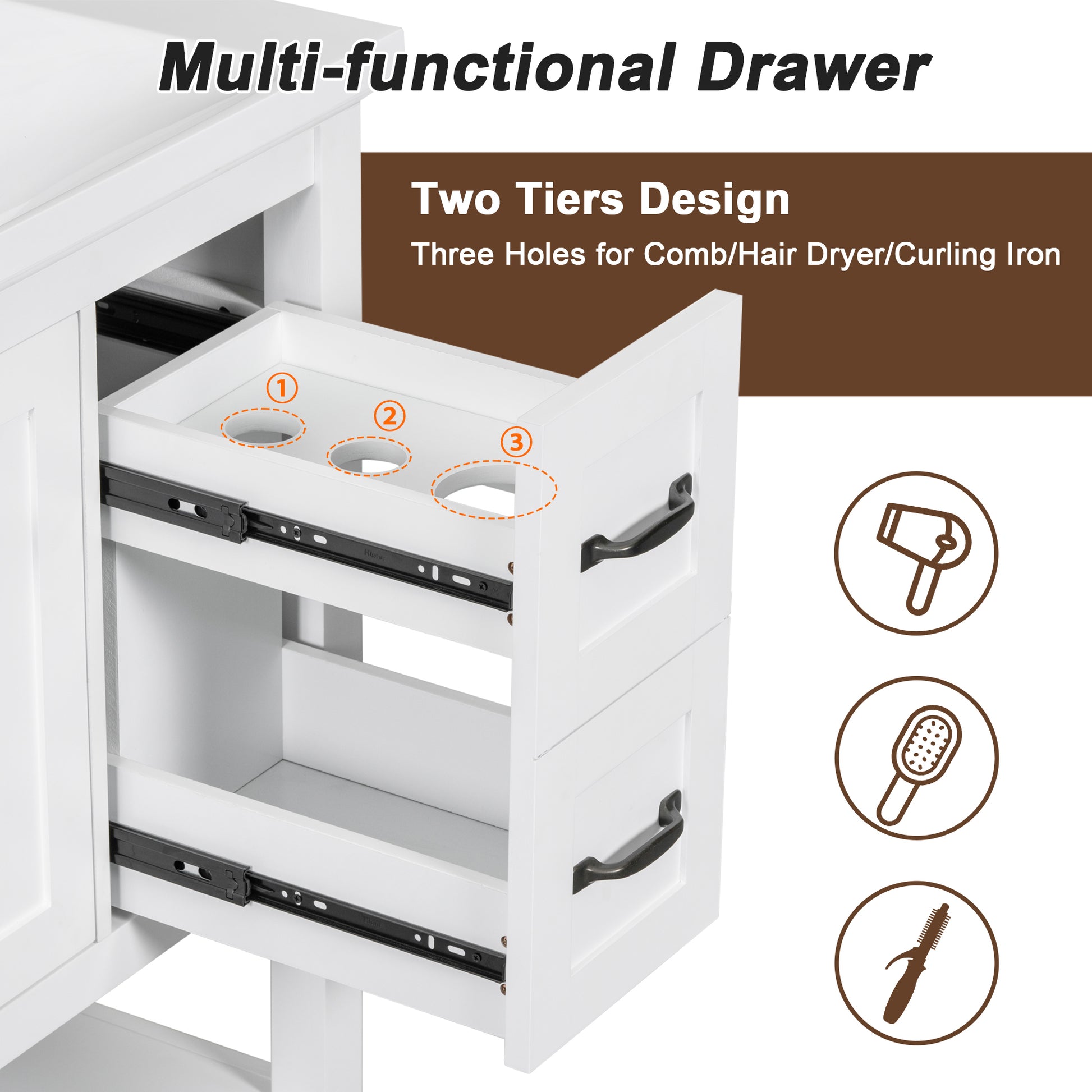 30" Bathroom Vanity With Ceramic Sink Top, Vanity Cabinet With Multi Functional Drawer, Solid Wood Legs, White White Solid Wood Mdf