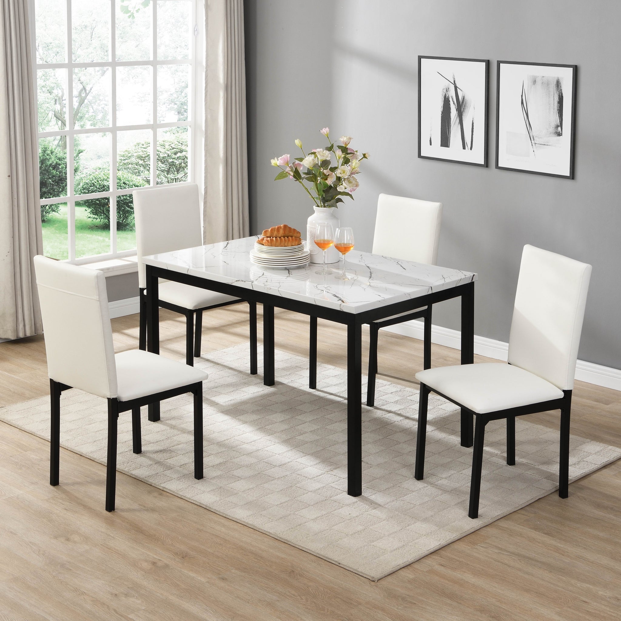Dining 5pc Set White Faux Marble Top Table and 4x Side white-dining room-dining table with chair-metal
