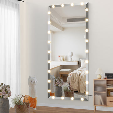 Hollywood Full Length Mirror With Lights Oversized Full Body Vanity Mirror With 3 Color Modes Lighted Large Standing Floor Mirror For Dressing Room Bedroom Hotel Touch Control,Silver,72X32 Inch Silver Aluminium