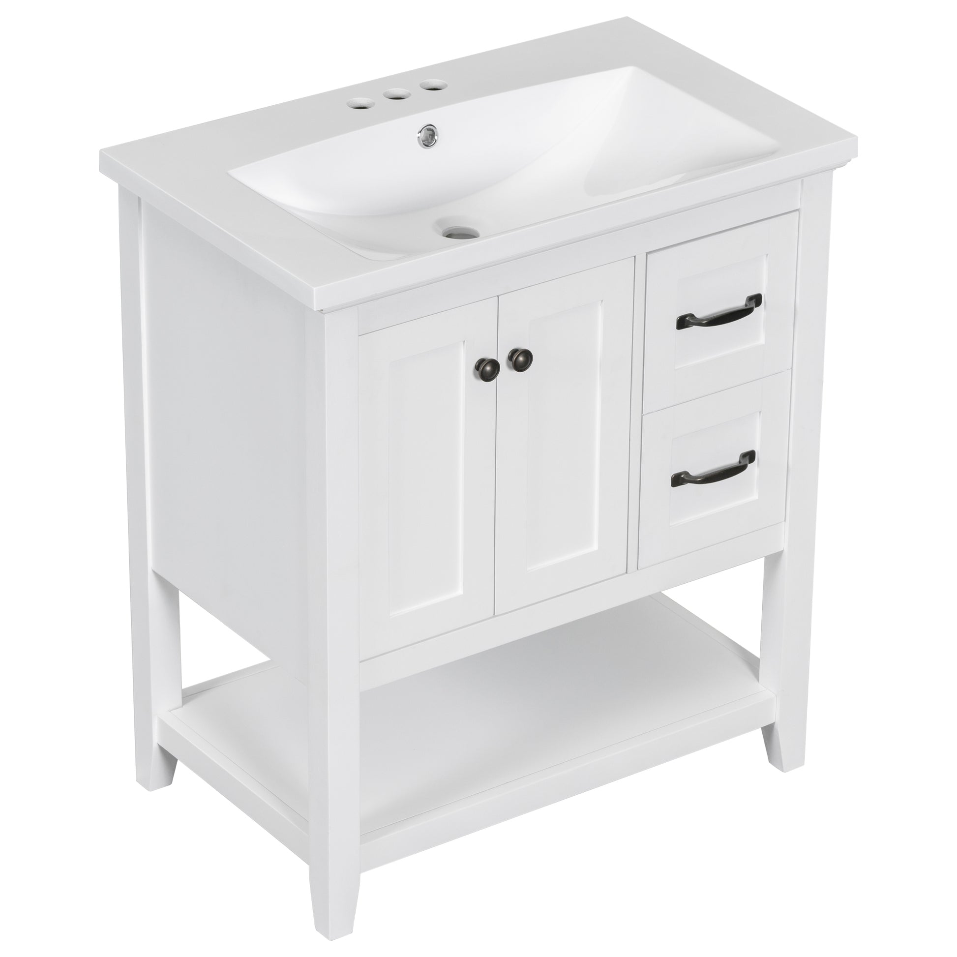 30" Bathroom Vanity With Ceramic Sink Top, Vanity Cabinet With Multi Functional Drawer, Solid Wood Legs, White White Solid Wood Mdf