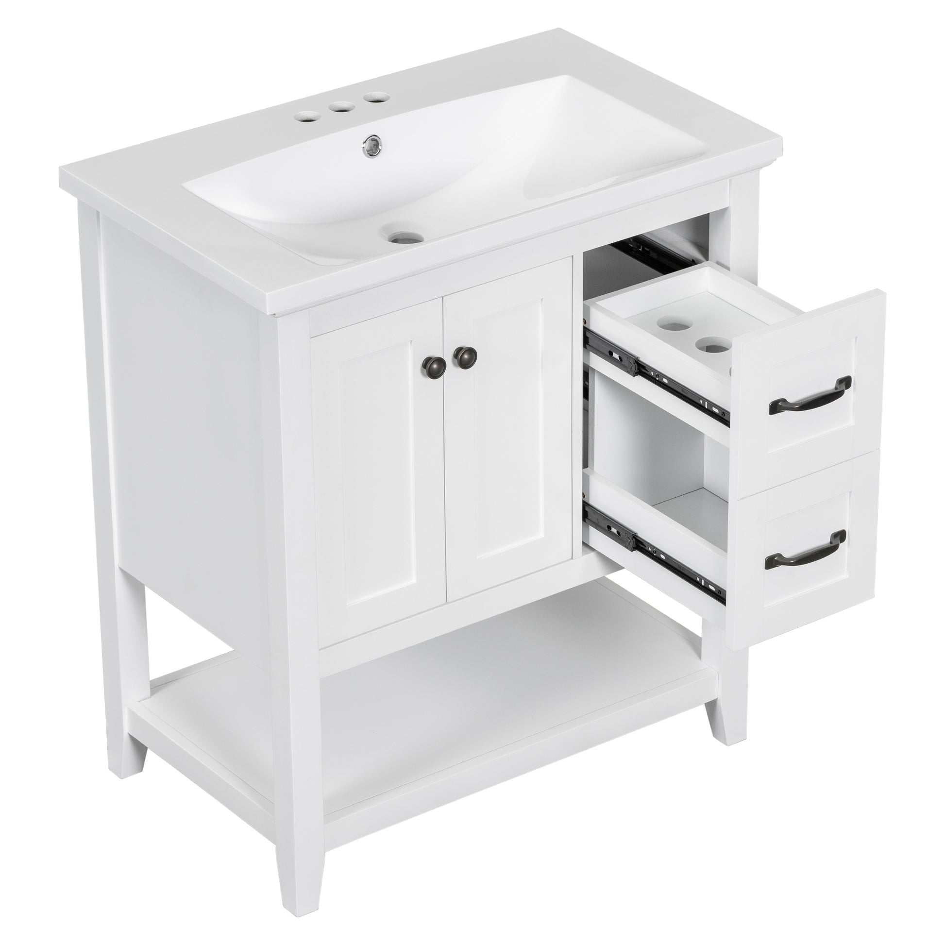 30" Bathroom Vanity With Ceramic Sink Top, Vanity Cabinet With Multi Functional Drawer, Solid Wood Legs, White White Solid Wood Mdf