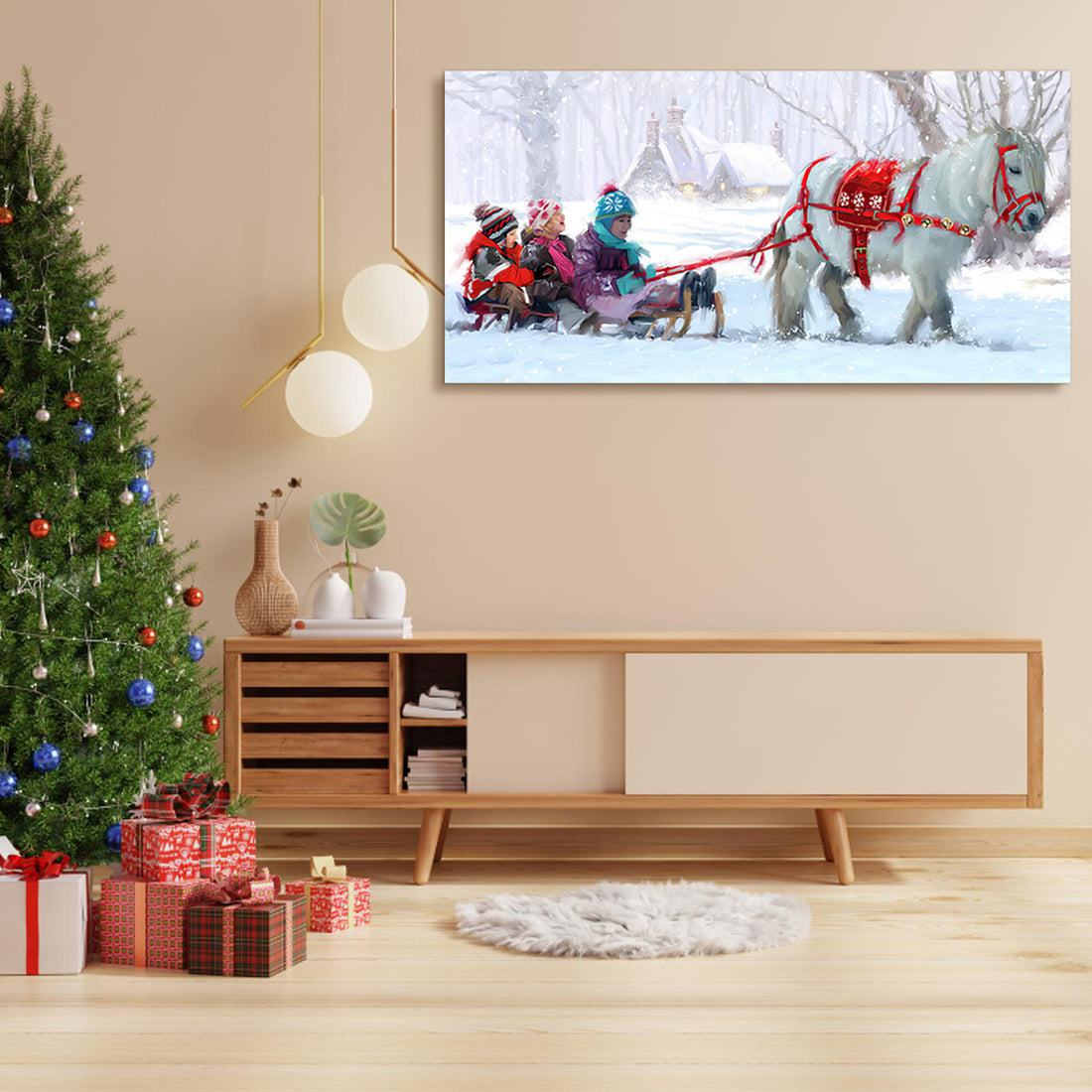 Framed Canvas Wall Art Decor Painting For Chrismas, Kids On White Horse Sledge Painting For Chrismas Gift, Decoration For Chrismas Eve Office Living Room, Bedroom Decor Ready To Hang Rectangle Framed Multicolor Christmas Medium 25In 32In Canvas Cultures