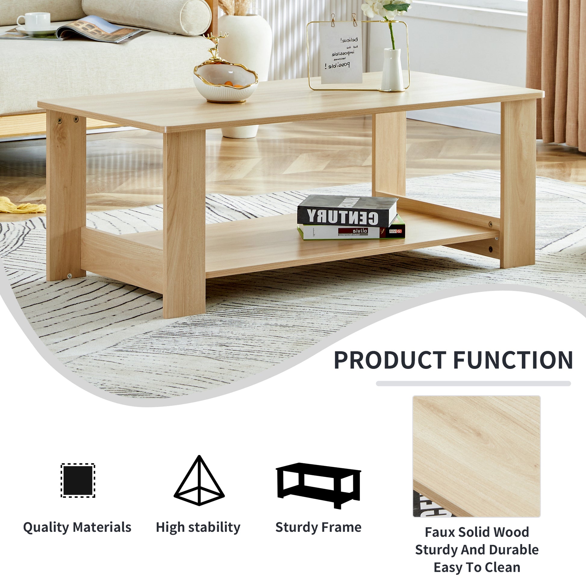 A Modern And Practical Log Colored Textured Coffee Table,Tea Table. The Double Layer Coffee Table Is Made Of Mdf Material. Suitable For Living Room 43.3"*21.6"*16.5" Natural Wood Mdf