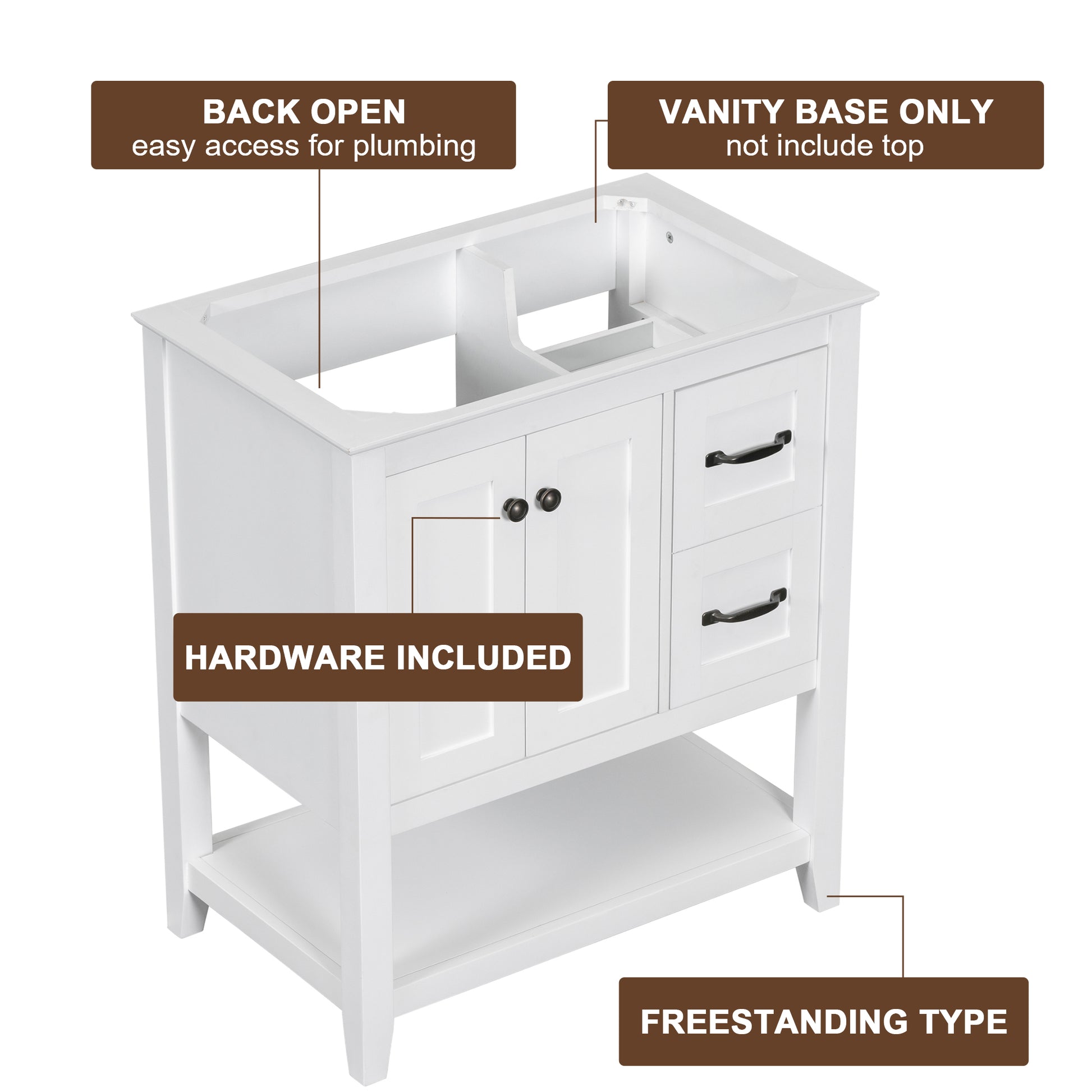 30" Bathroom Vanity Without Sink Top, Cabinet Base Only, Vanity With Multi Functional Drawer, White White Solid Wood Mdf