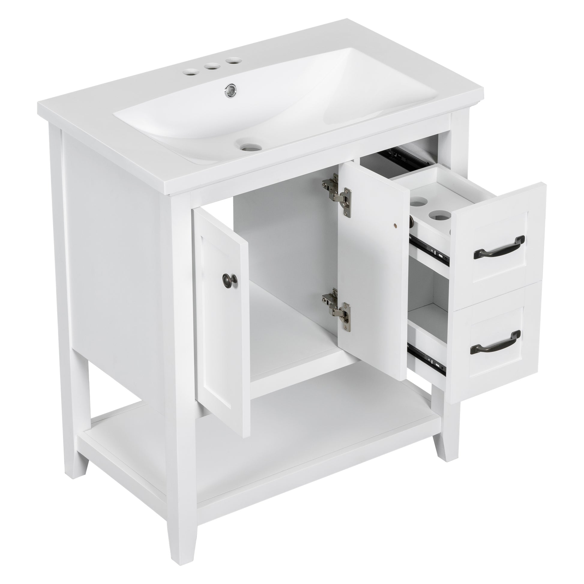 30" Bathroom Vanity With Ceramic Sink Top, Vanity Cabinet With Multi Functional Drawer, Solid Wood Legs, White White Solid Wood Mdf