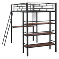 Twin Size Loft Metal Bed With 3 Layers Of Shelves And Desk, Stylish Metal Frame Bed With Whiteboard, Black Black Metal