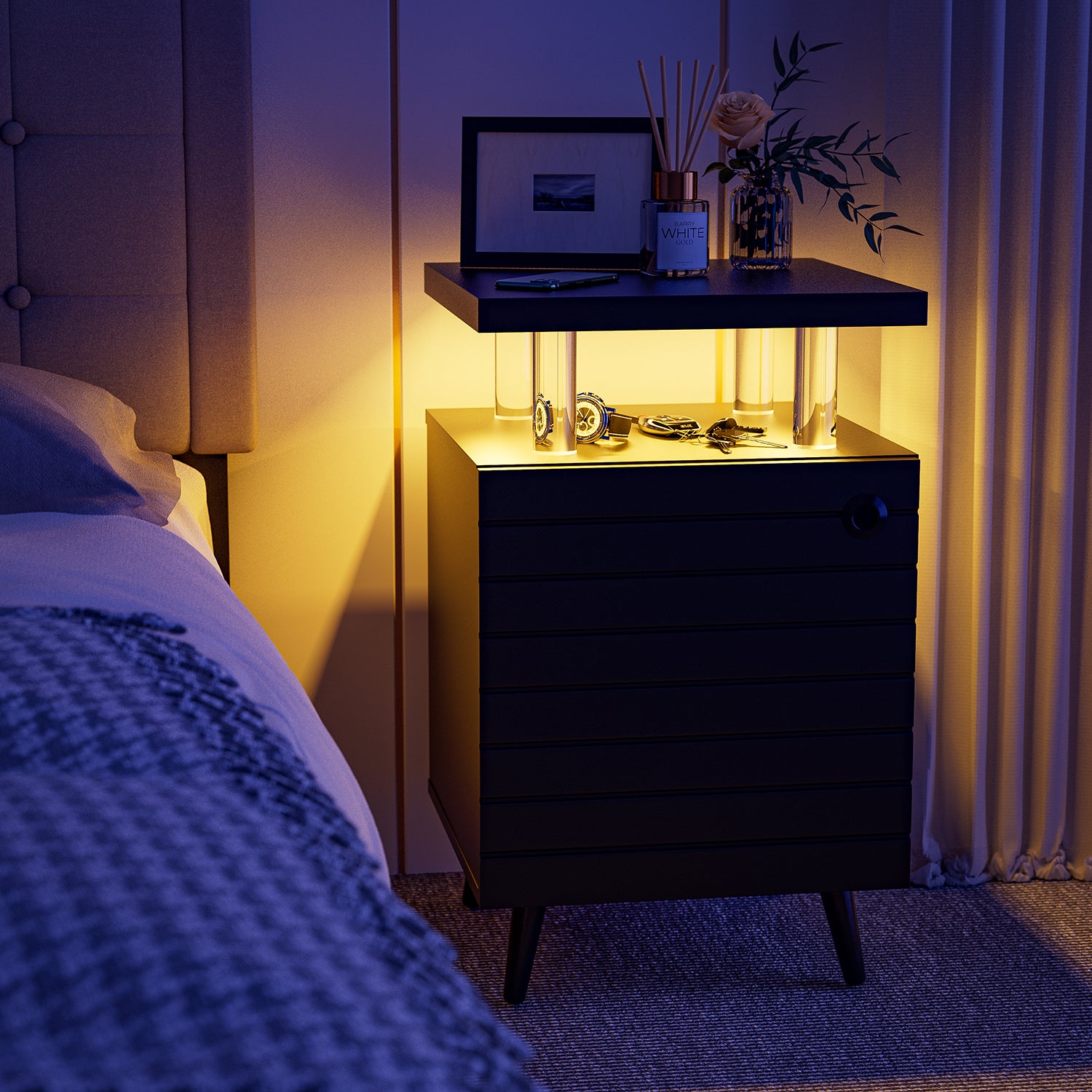 Led Nightstand Led Bedside Table End Tables Living Room With 4 Acrylic Columns, Bedside Table With Drawers For Bedroom Black White White 2 Drawers Bedroom With Legs American Design,American Traditional,Casual,Classic,Modern Oak Storage Walnut Acrylic