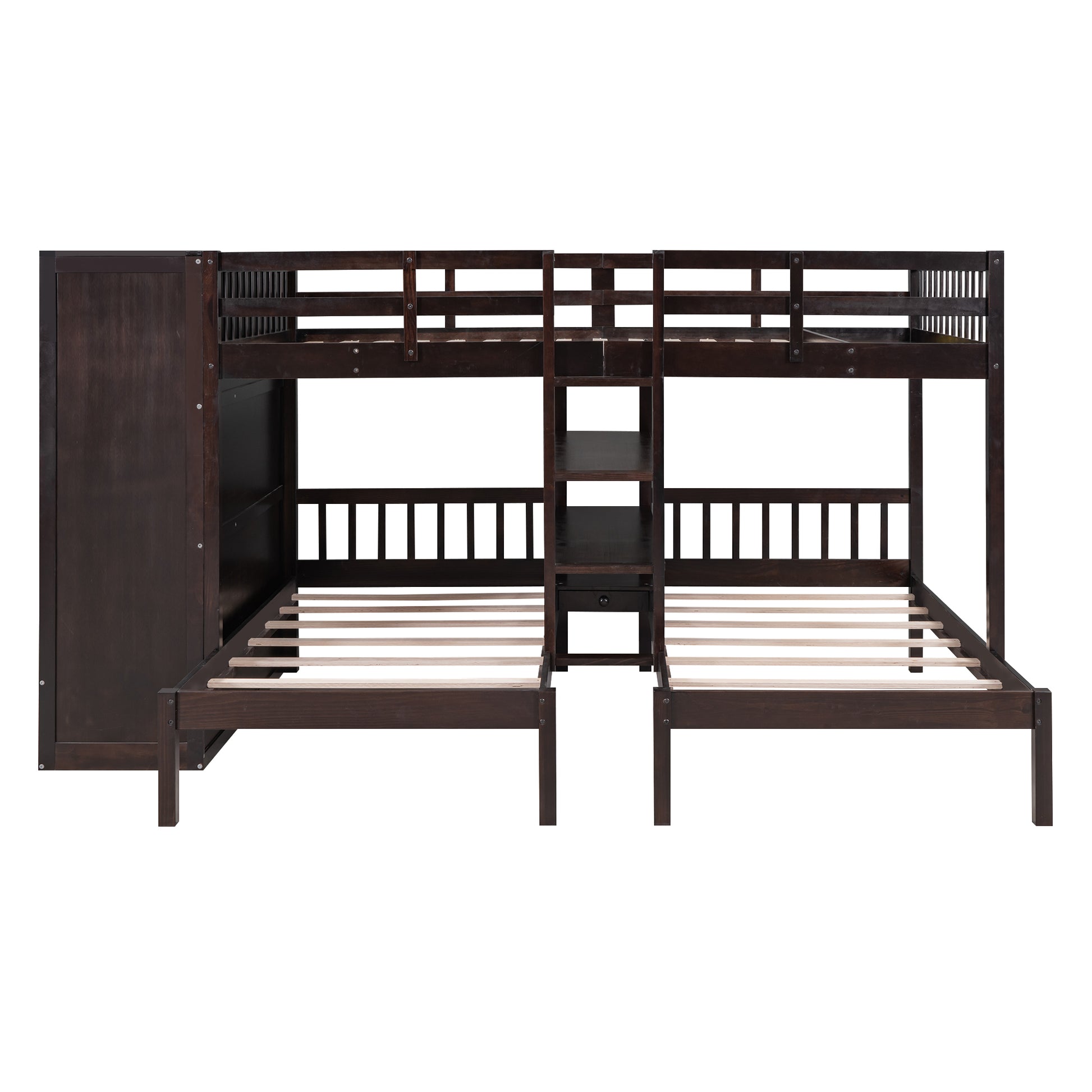 Full Over Twin Twin Bunk Bed With Shelves, Wardrobe And Mirror, Espresso Espresso Solid Wood Mdf