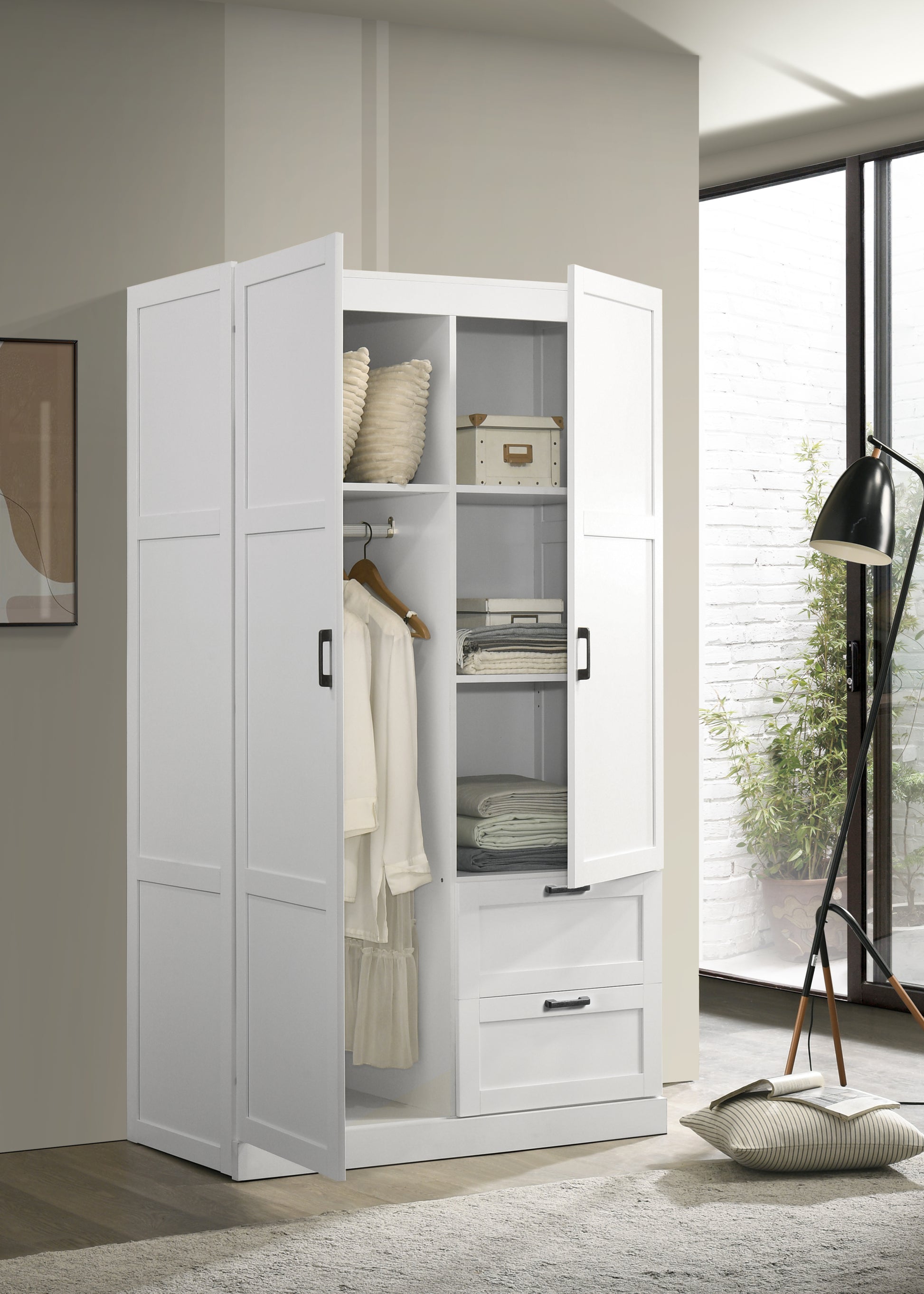 Aubree 40" White Wardrobe Cabinet Armoire With 2 Drawers And Hanging Rod White Wood