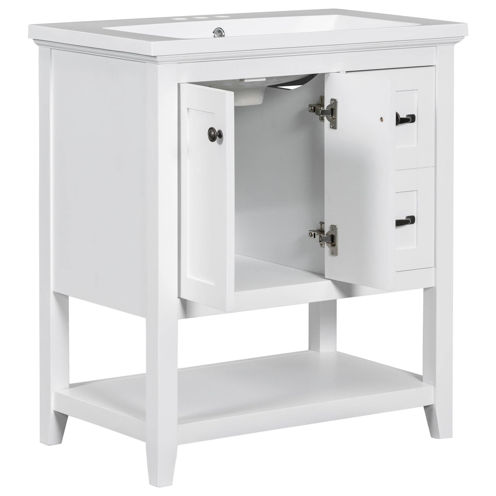 30" Bathroom Vanity With Ceramic Sink Top, Vanity Cabinet With Multi Functional Drawer, Solid Wood Legs, White White Solid Wood Mdf