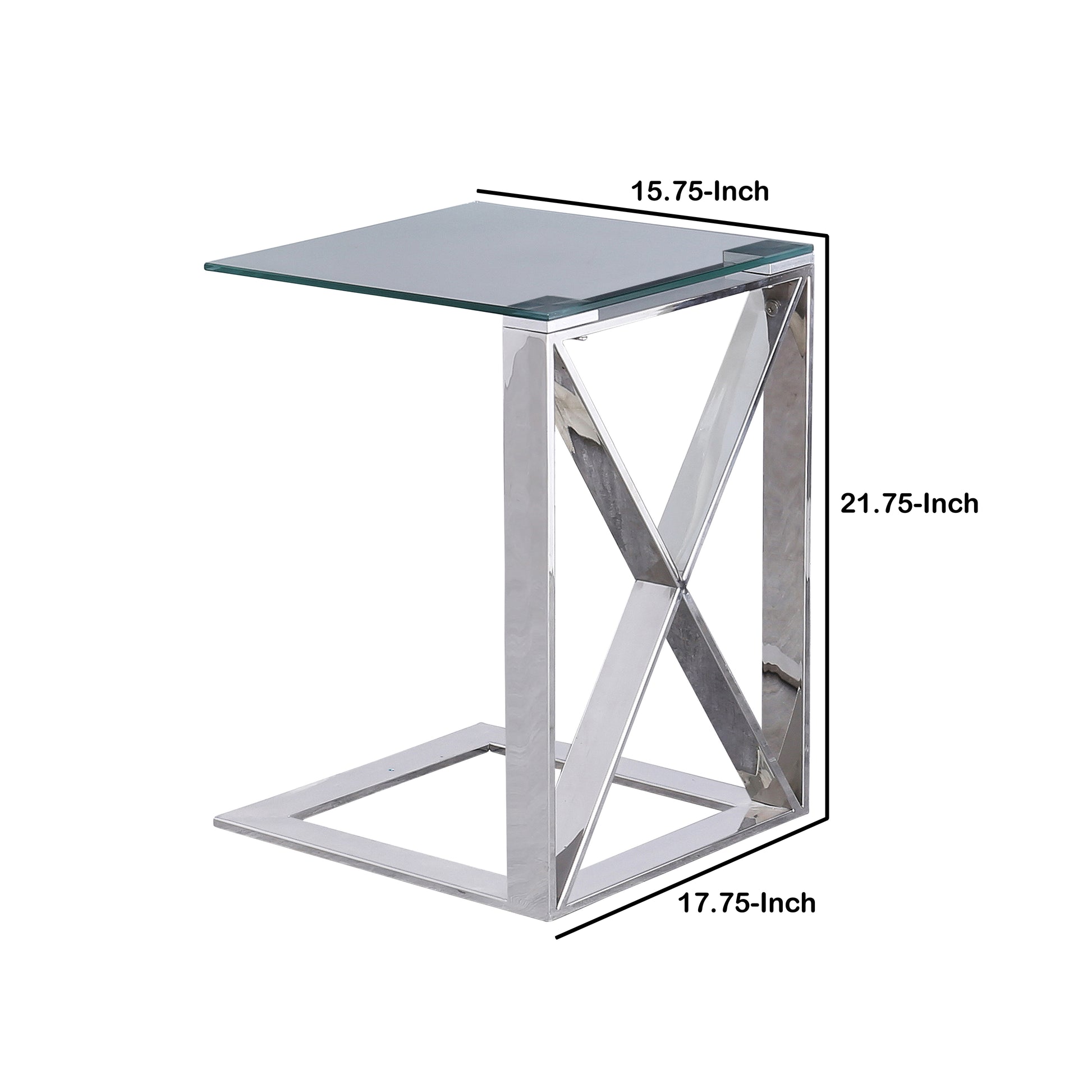 22 Inch Metal X Frame Glass Top Side Table, Silver Silver Metal