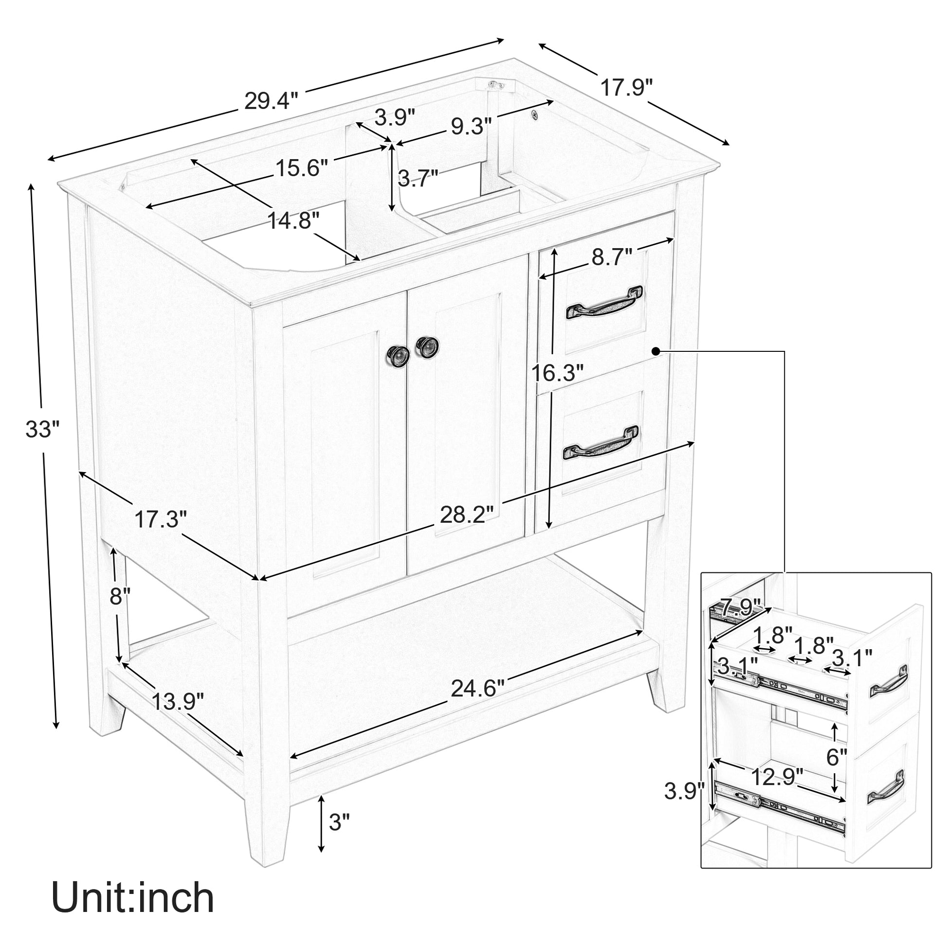 30" Bathroom Vanity Without Sink Top, Cabinet Base Only, Vanity With Multi Functional Drawer, White White Solid Wood Mdf