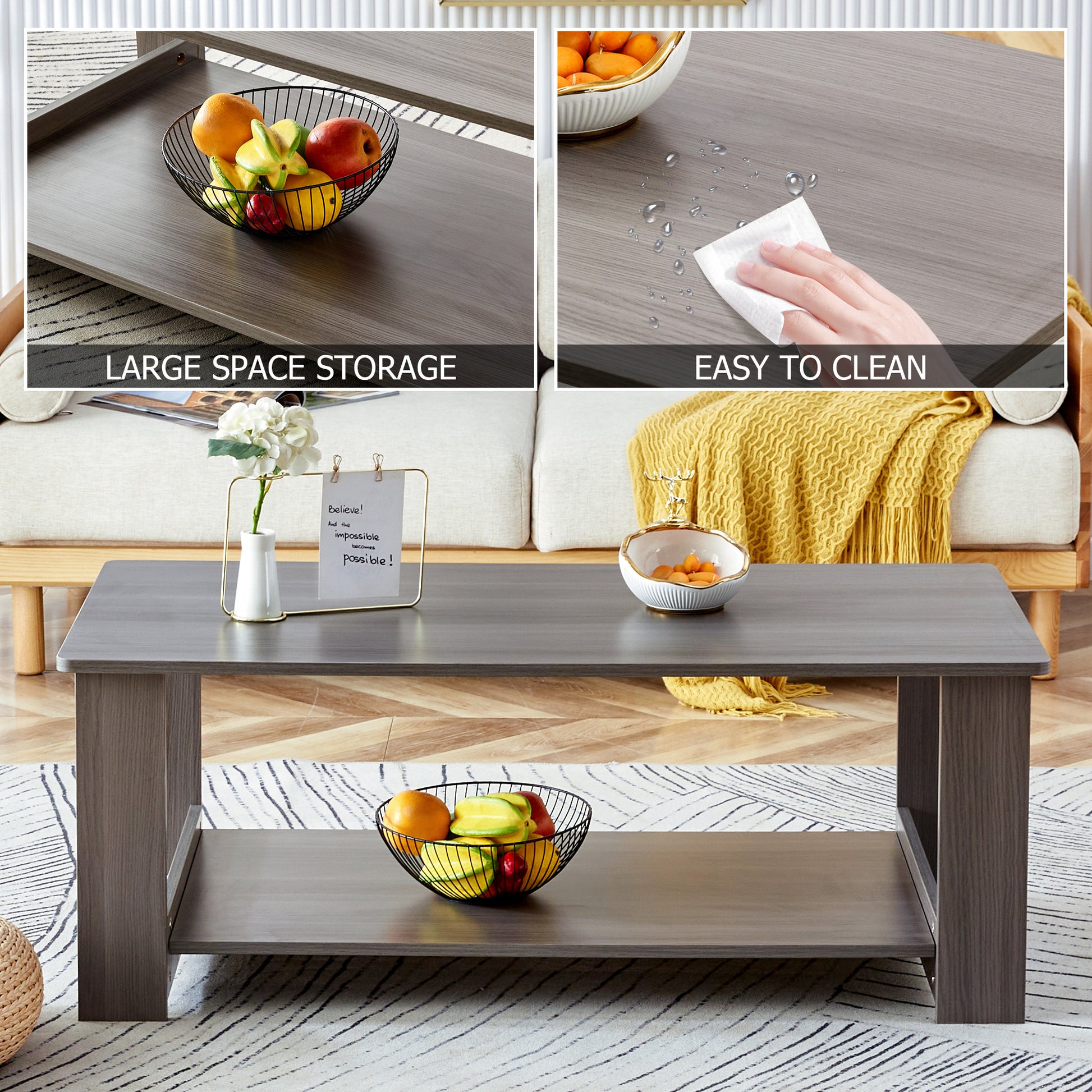 A Modern And Practical Gray Textured Coffee Table,Tea Table.Double Layered Coffee Table Made Of Mdf Material,. Suitable For Living Room,Bedroom And Study Room. 43.3"*21.6"*16.5"Ct 16 Grey Mdf