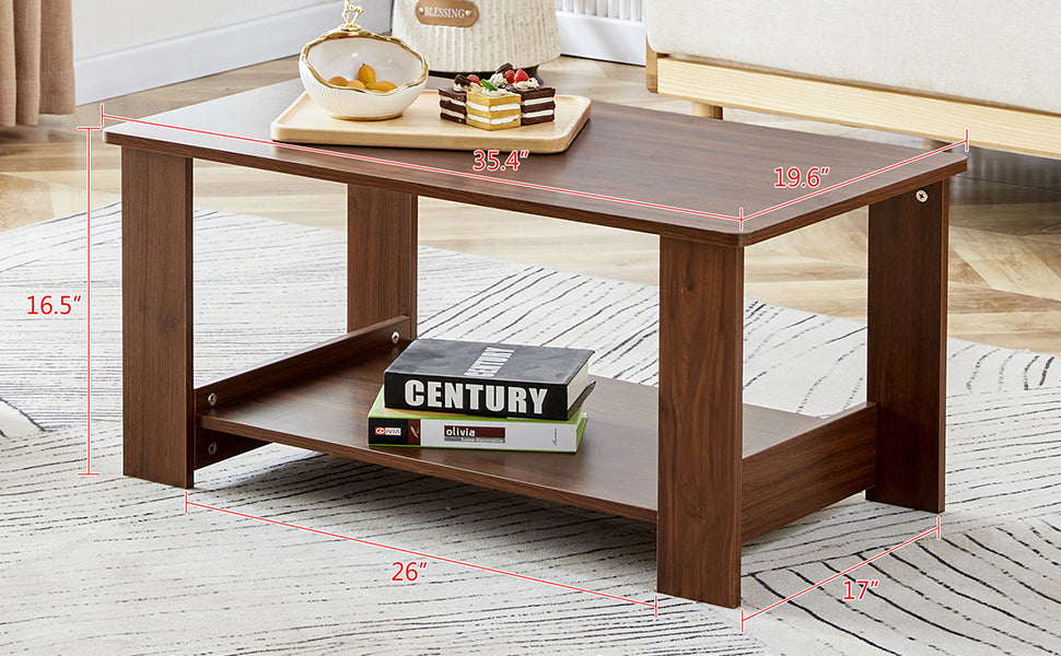 Modern Minimalist Walnut Colored Double Layered Rectangular Coffee Table ,Tea Table.Mdf Material Is More Durable,Suitable For Living Room, Bedroom, And Study Room.19.6"*35.4"*16.5" Ct 16 Walnut Mdf