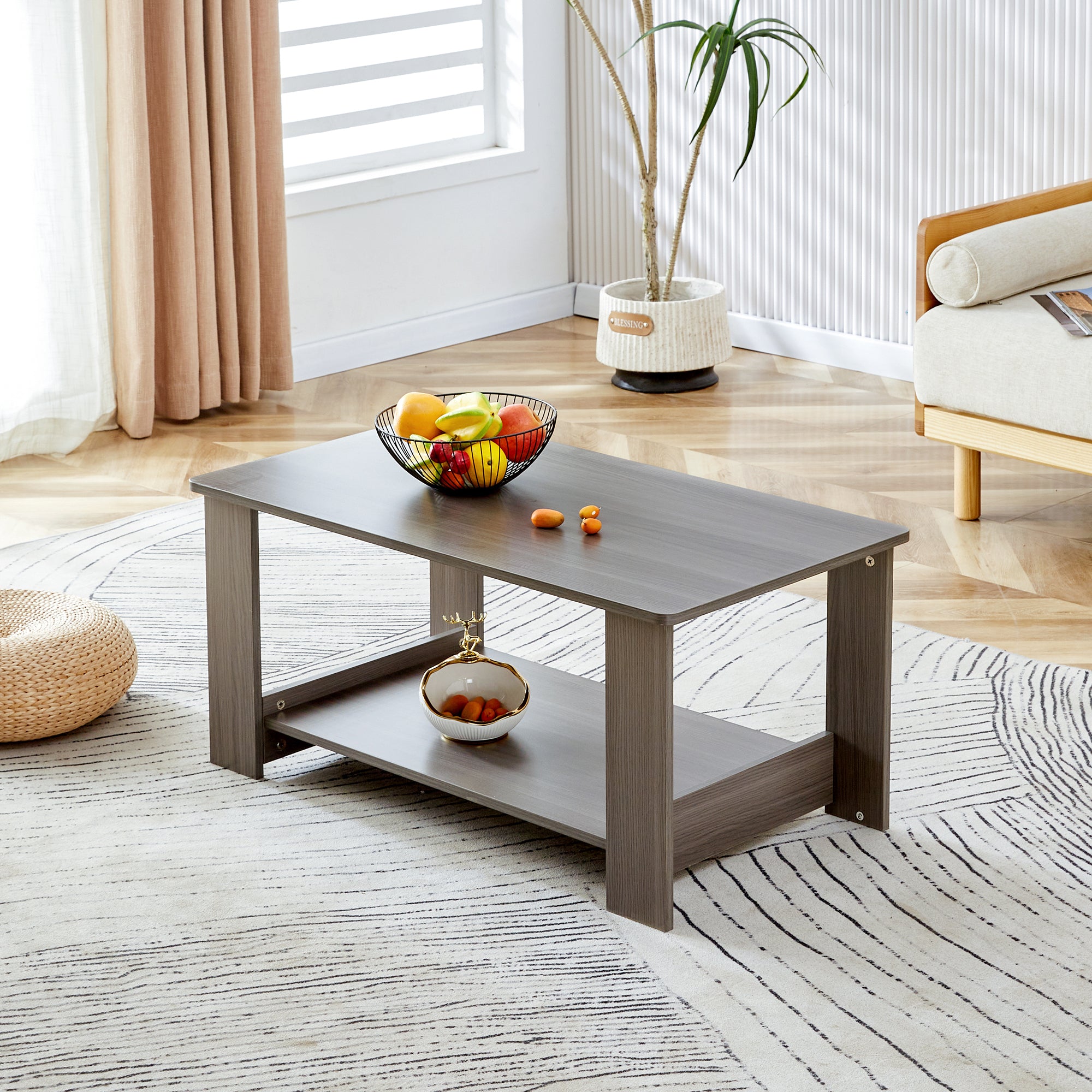 Modern Minimalist Gray Wood Grain Double Layered Rectangular Coffee Table,Tea Table.Mdf Material Is More Durable,Suitable For Living Room, Bedroom, And Study Room.19.6"*35.4"*16.5" Ct 16 Gray Mdf