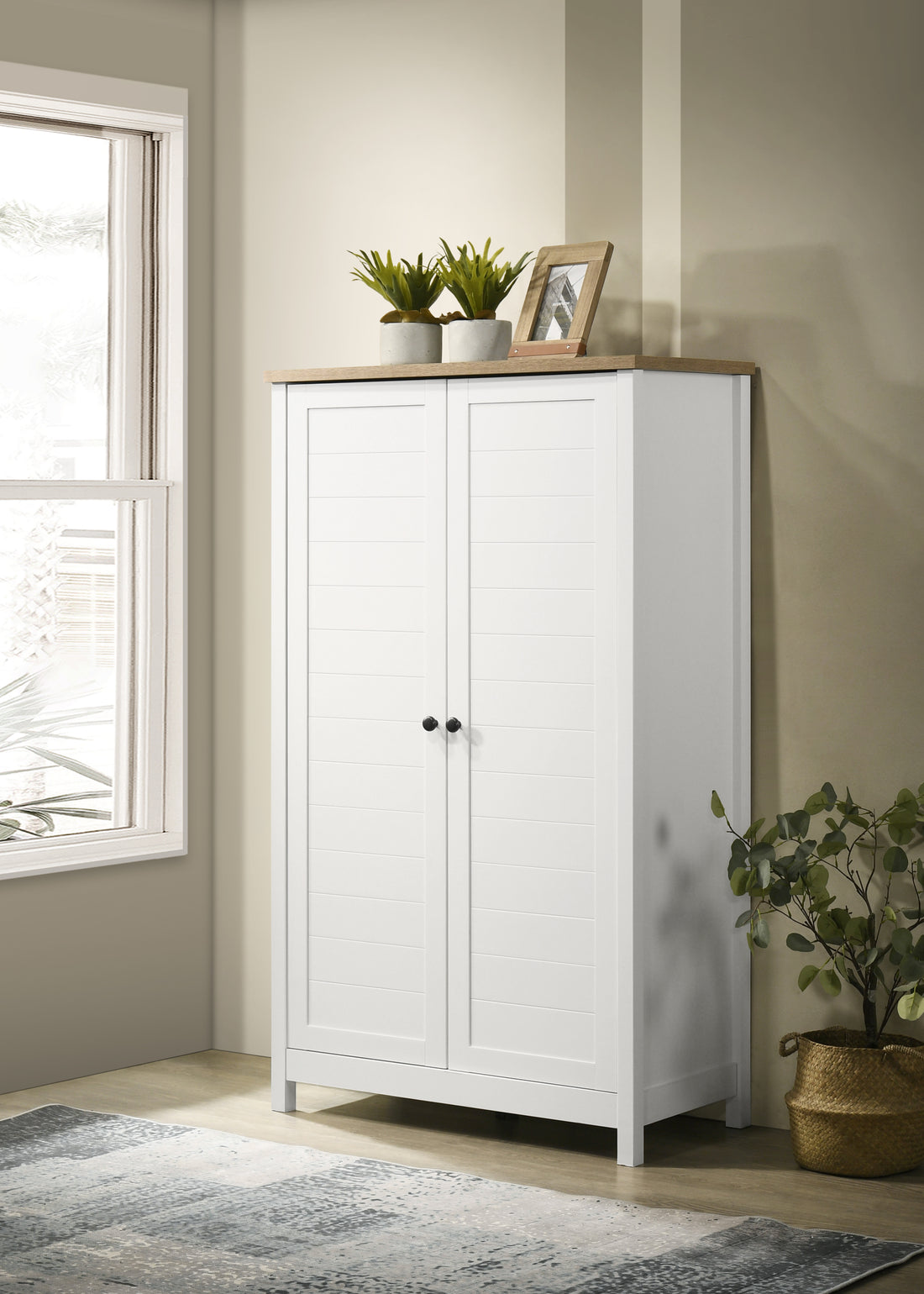 Claire 35" White Storage Cabinet With Oak Accent Finish And Framed Slatted Panel Design White Oak Wood