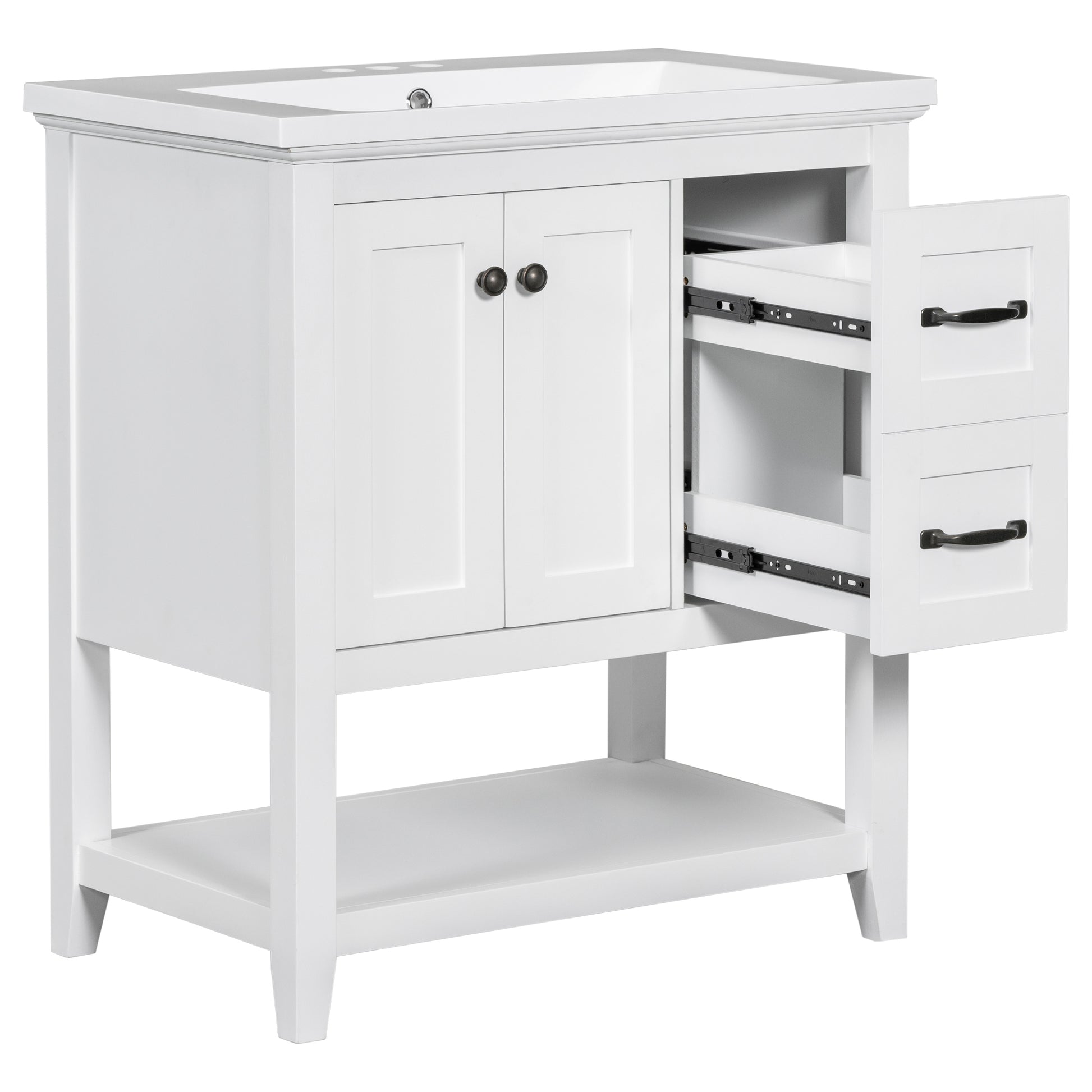 30" Bathroom Vanity With Ceramic Sink Top, Vanity Cabinet With Multi Functional Drawer, Solid Wood Legs, White White Solid Wood Mdf