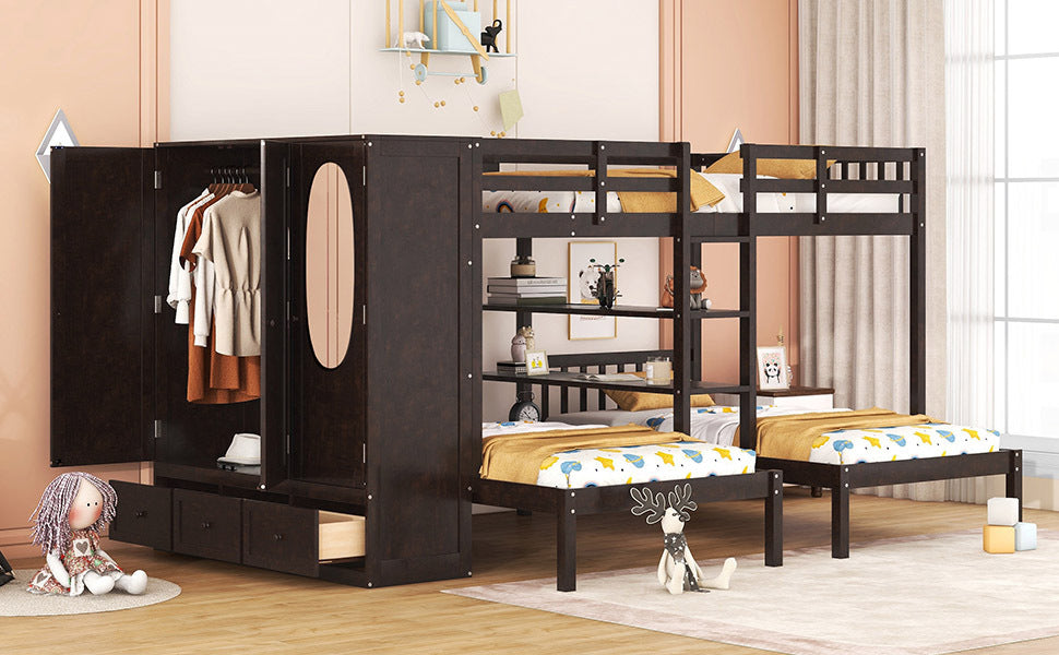 Full Over Twin Twin Bunk Bed With Shelves, Wardrobe And Mirror, Espresso Espresso Solid Wood Mdf