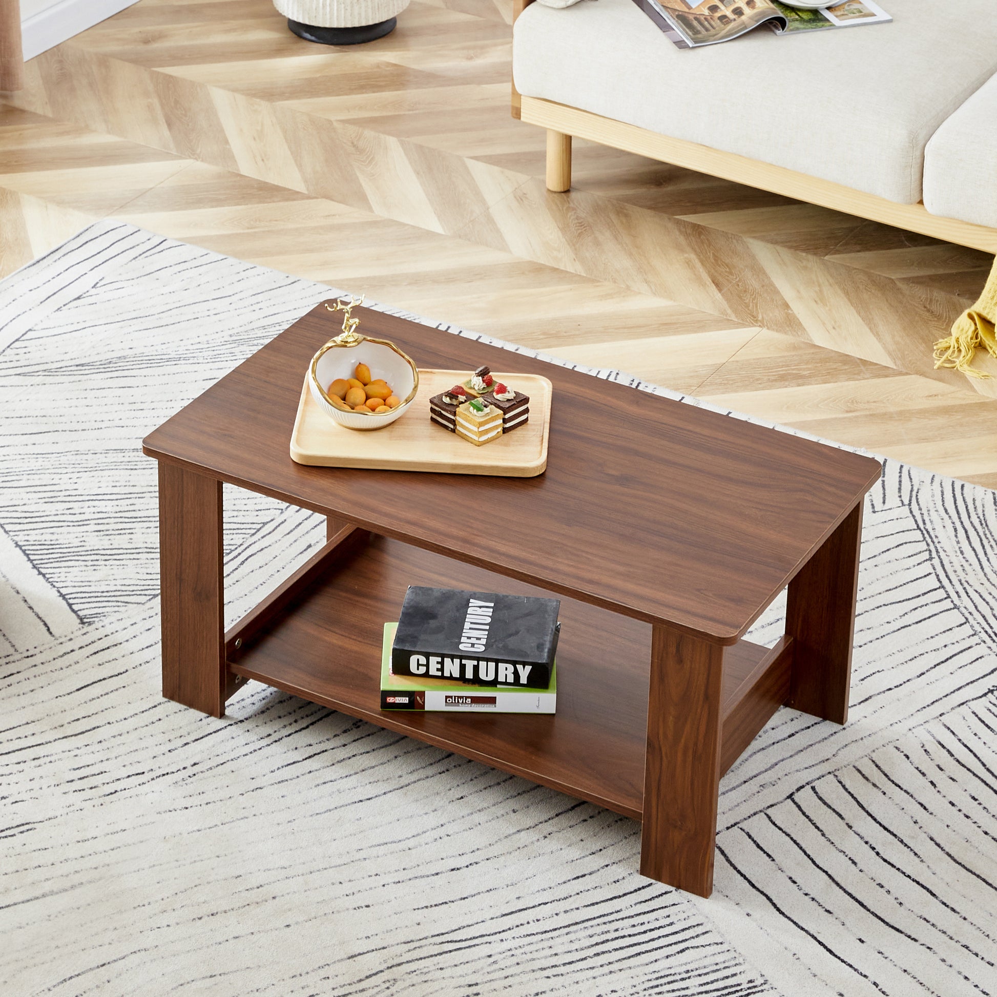 Modern Minimalist Walnut Colored Double Layered Rectangular Coffee Table ,Tea Table.Mdf Material Is More Durable,Suitable For Living Room, Bedroom, And Study Room.19.6"*35.4"*16.5" Ct 16 Walnut Mdf