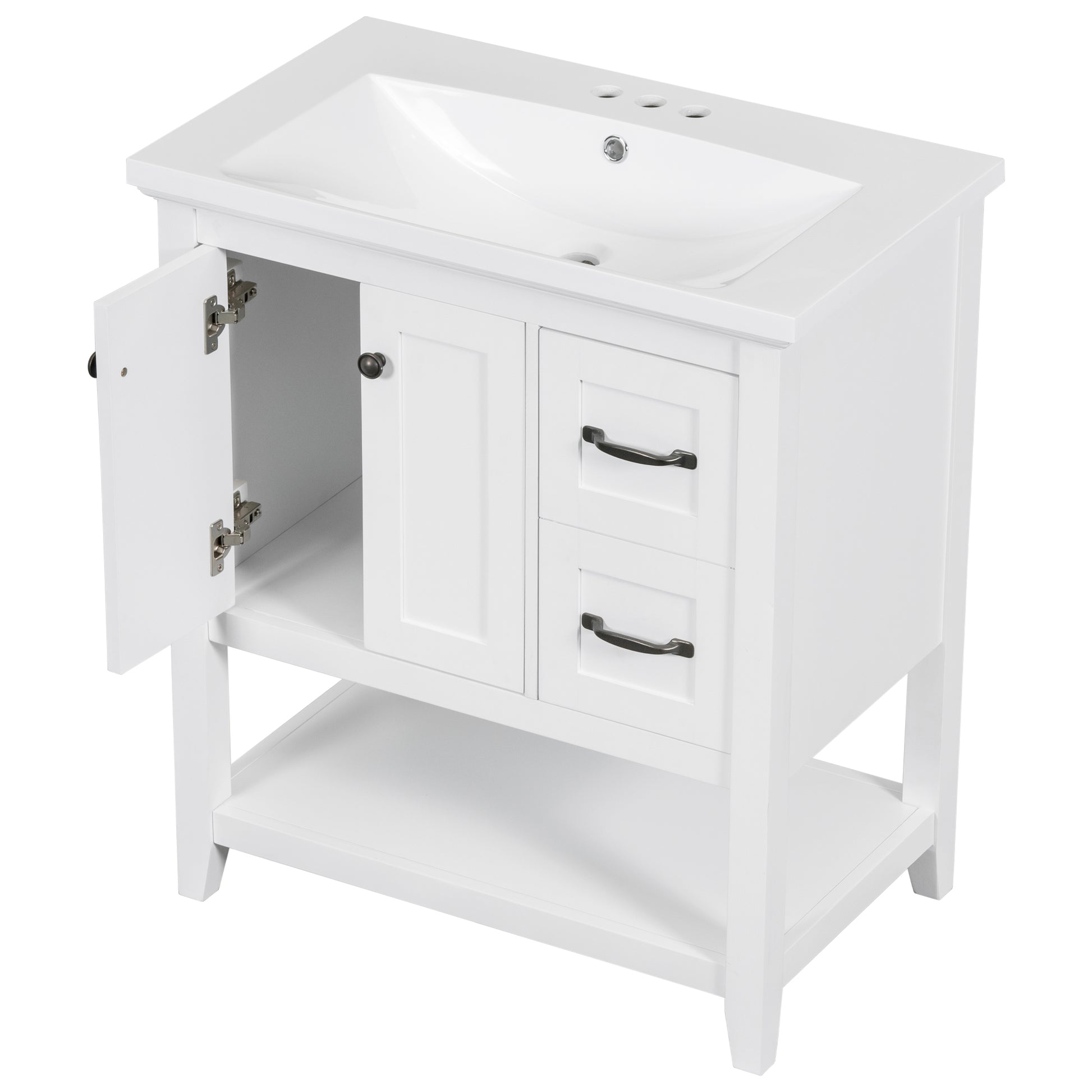 30" Bathroom Vanity With Ceramic Sink Top, Vanity Cabinet With Multi Functional Drawer, Solid Wood Legs, White White Solid Wood Mdf