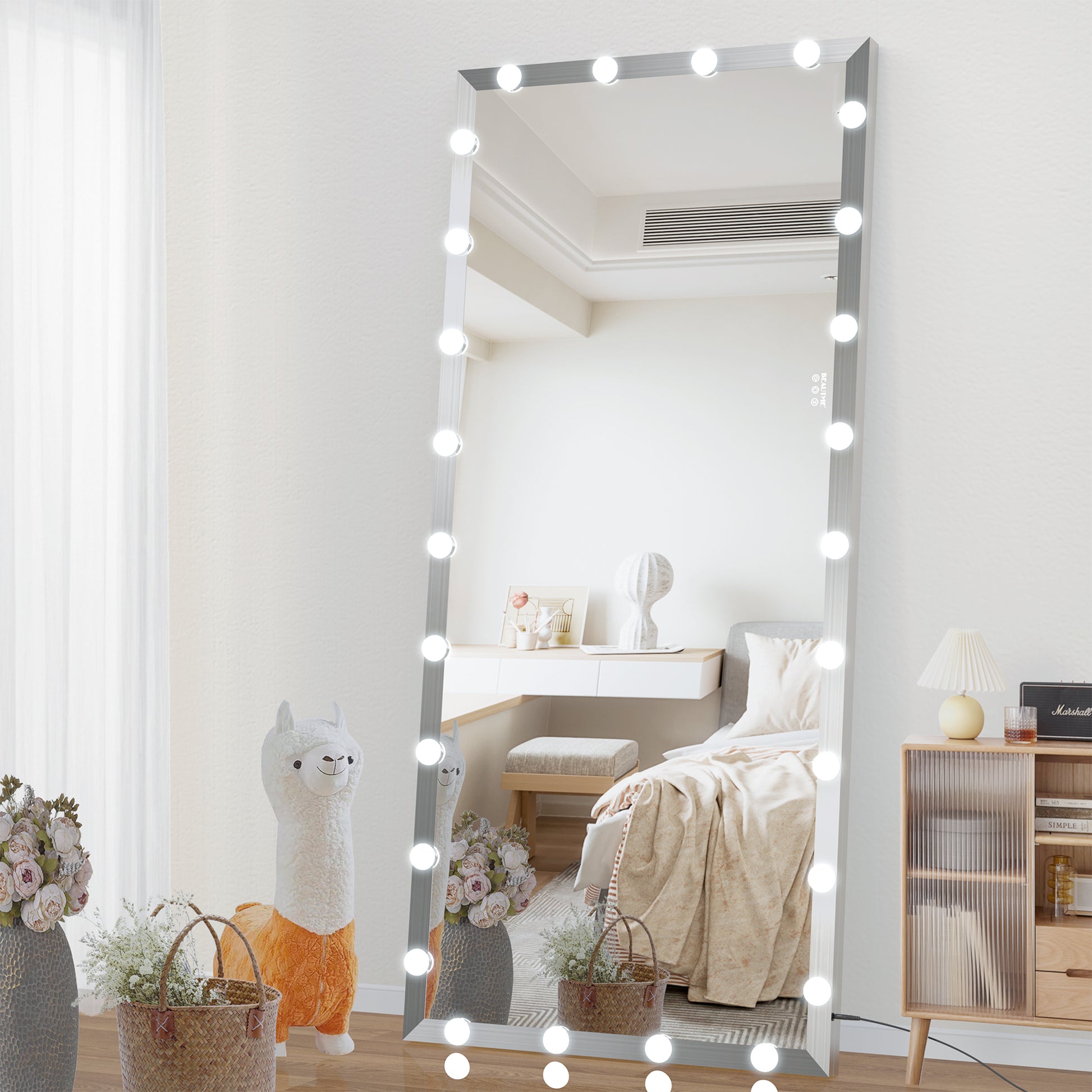 Hollywood Full Length Mirror With Lights Oversized Full Body Vanity Mirror With 3 Color Modes Lighted Large Standing Floor Mirror For Dressing Room Bedroom Hotel Touch Control,Silver,72X32 Inch Silver Aluminium