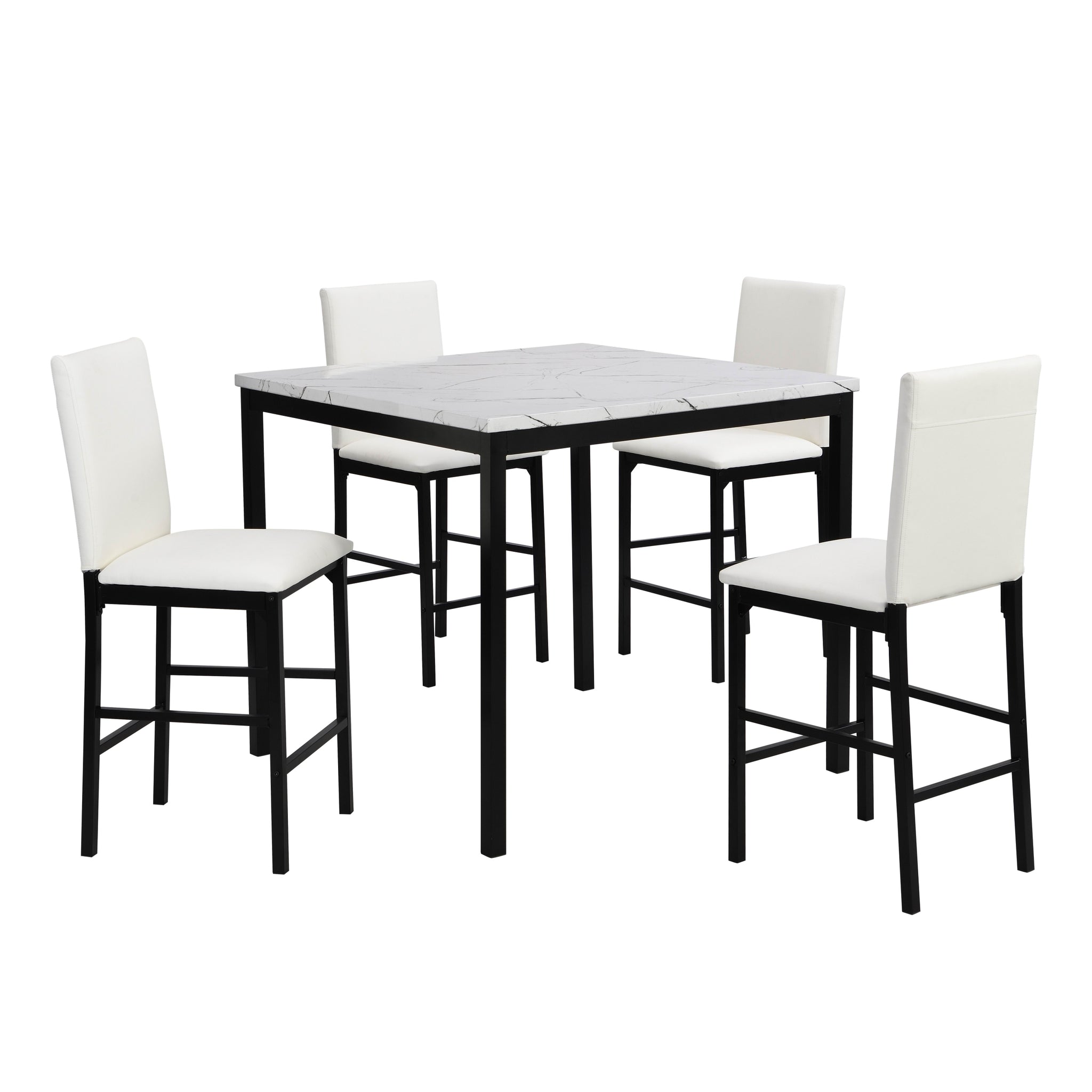 5pc White Counter Height Dining Set White Faux Marble white-seats 4-metal-dining room-square-dining