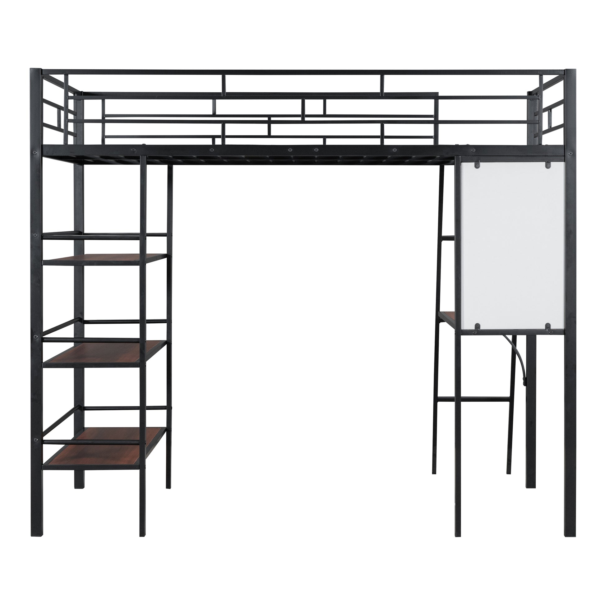 Twin Size Loft Metal Bed With 3 Layers Of Shelves And Desk, Stylish Metal Frame Bed With Whiteboard, Black Black Metal