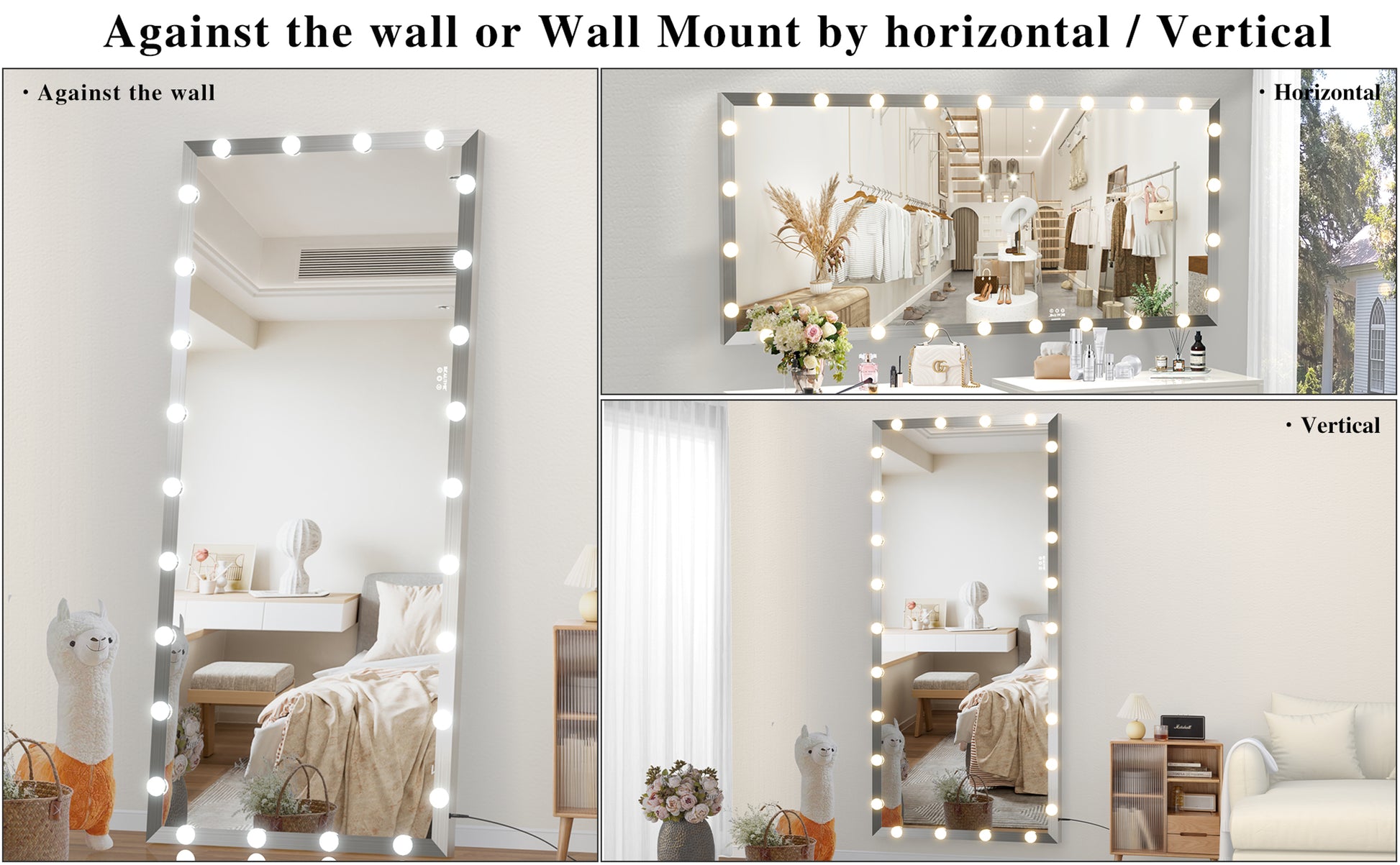 Hollywood Full Length Mirror With Lights Oversized Full Body Vanity Mirror With 3 Color Modes Lighted Large Standing Floor Mirror For Dressing Room Bedroom Hotel Touch Control,Silver,72X32 Inch Silver Aluminium