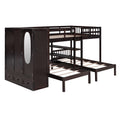 Full Over Twin Twin Bunk Bed With Shelves, Wardrobe And Mirror, Espresso Espresso Solid Wood Mdf